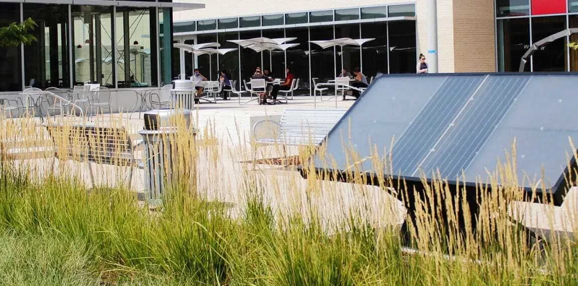 Solar-powered water extractor on a school campus.