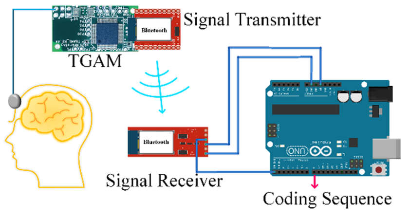 In the process of brainwave signal extraction and transmission, the TGAM module extracts brainwave signals and converts them to attention value. And the attention information is transmitted remotely from the Bluetooth module to the Arduino, which outputs different voltages by discriminating values. 