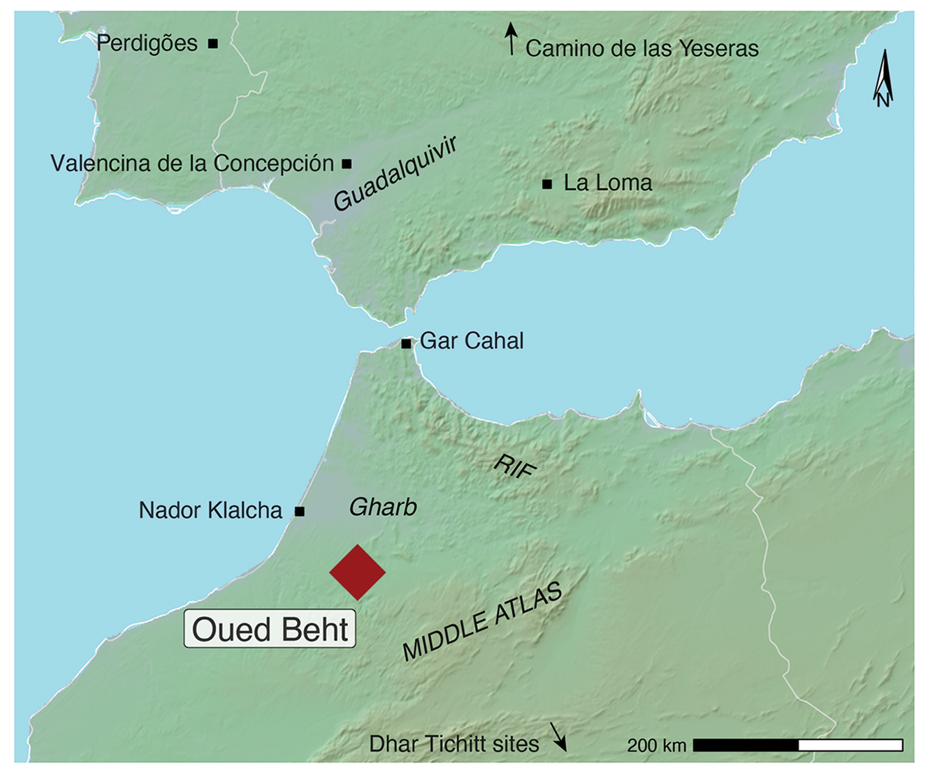 The north-western Maghreb, showing Oued Beht and other locations mentioned