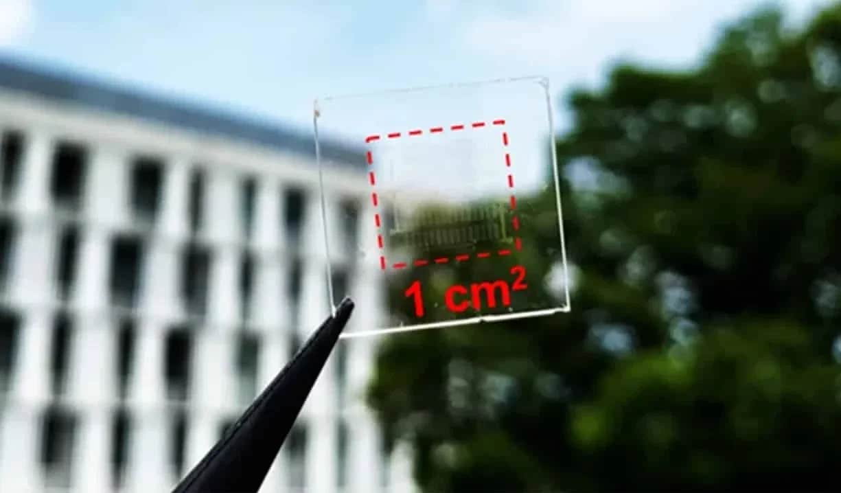 A visible-light photograph of an ultra-transparent solar cell constructed using a two-dimensional atomic layer.