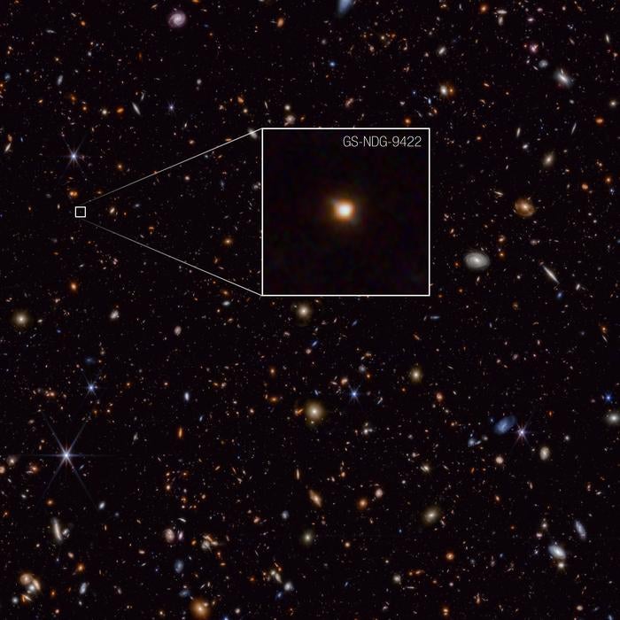 The newly-discovered GS-NDG-9422 galaxy appears as a faint blur in this James Webb Space Telescope NIRCam (Near-Infrared Camera) image. It could help astronomers better understand galaxy evolution in the early Universe.

