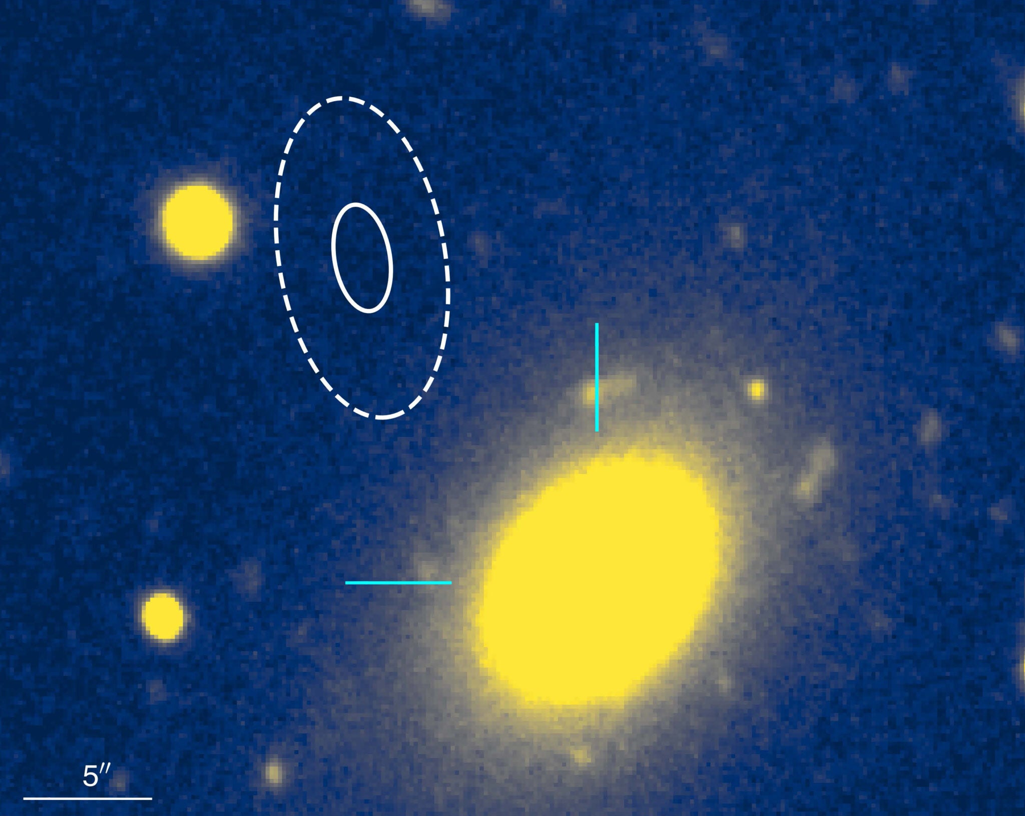 The location of the fast radio burst, indicated by the oval outlines, is on the outskirts of a massive elliptical galaxy, the yellow oval at right. 
