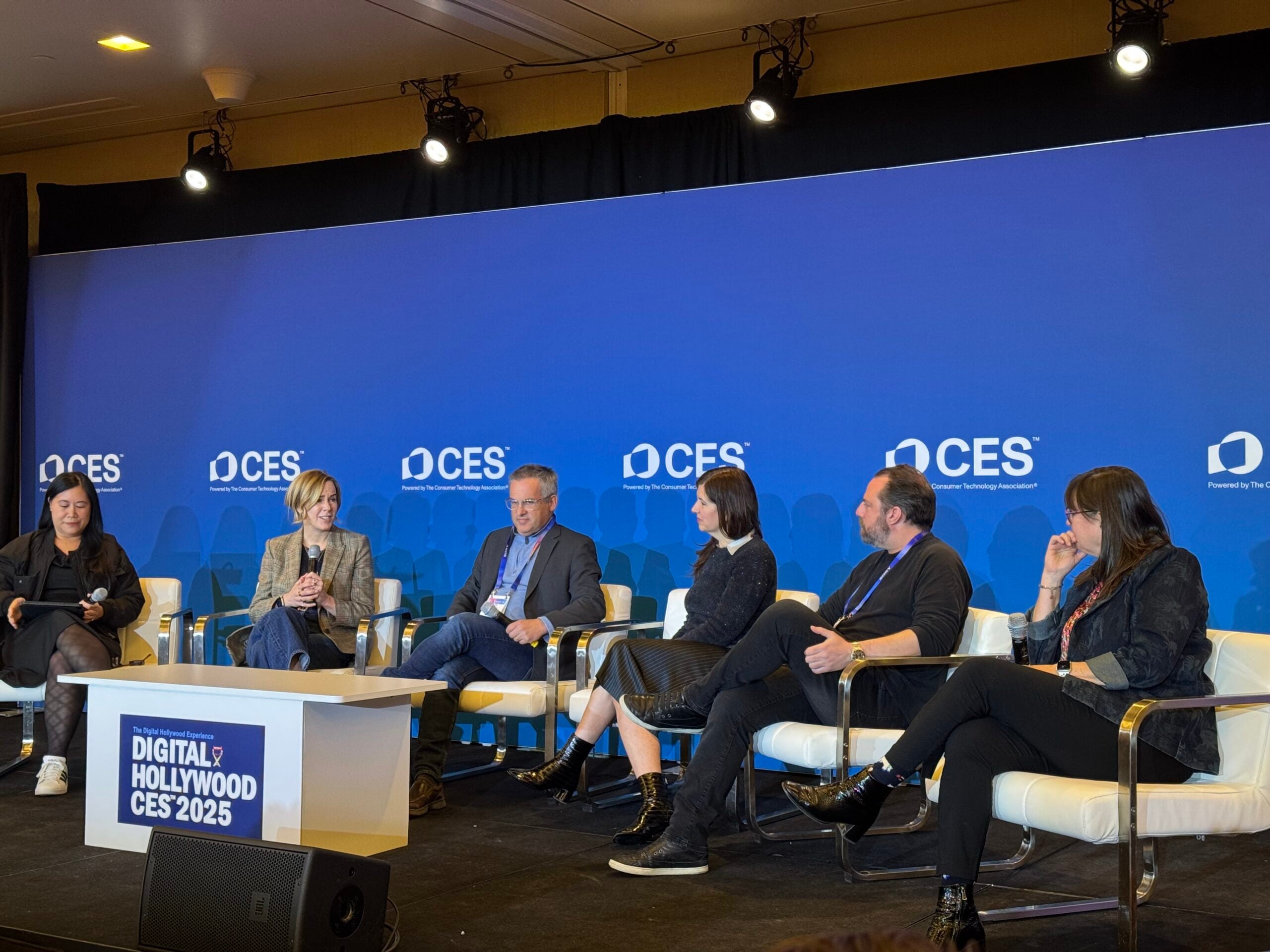 The Generative AI in Hollywood speaker panel at CES 2025. Speakers (from left to right: Christina Lee Storm, Rachael Appleton, Andrew Wallenstein, Mary Hamilton, Jason Zada, Leslie Shannon.