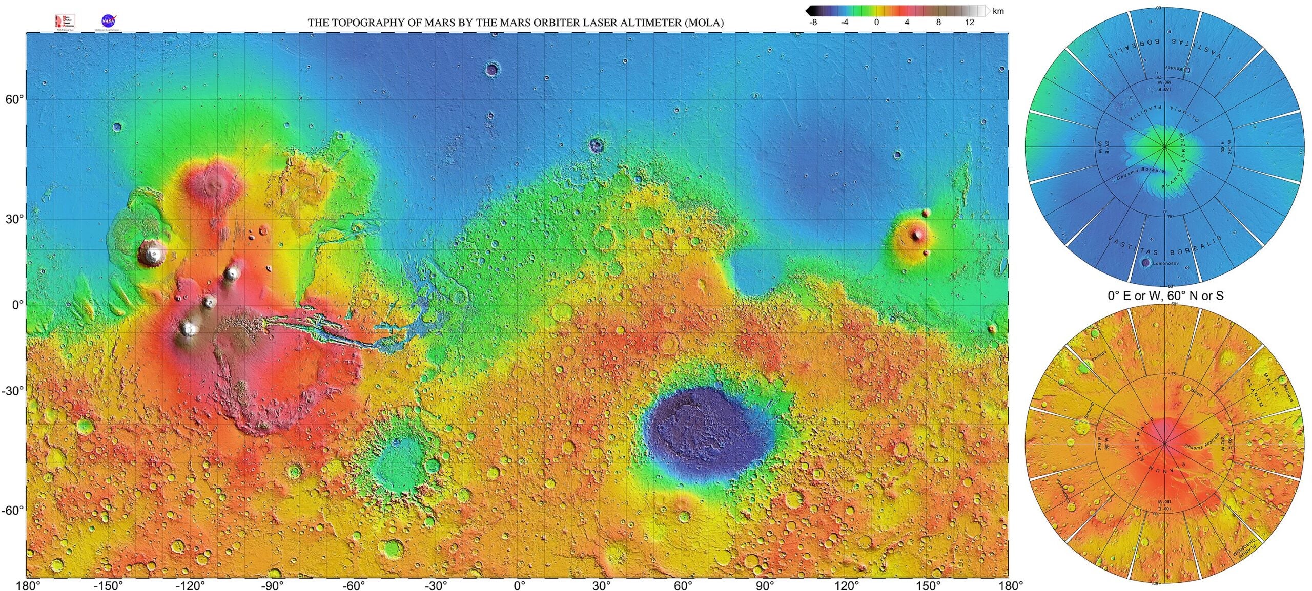 Very high resolution topographic shaded relief map of Mars, based on the Mars Orbiter Laser Altimeter (MOLA) data set from the Mars Global Surveyor spacecraft.