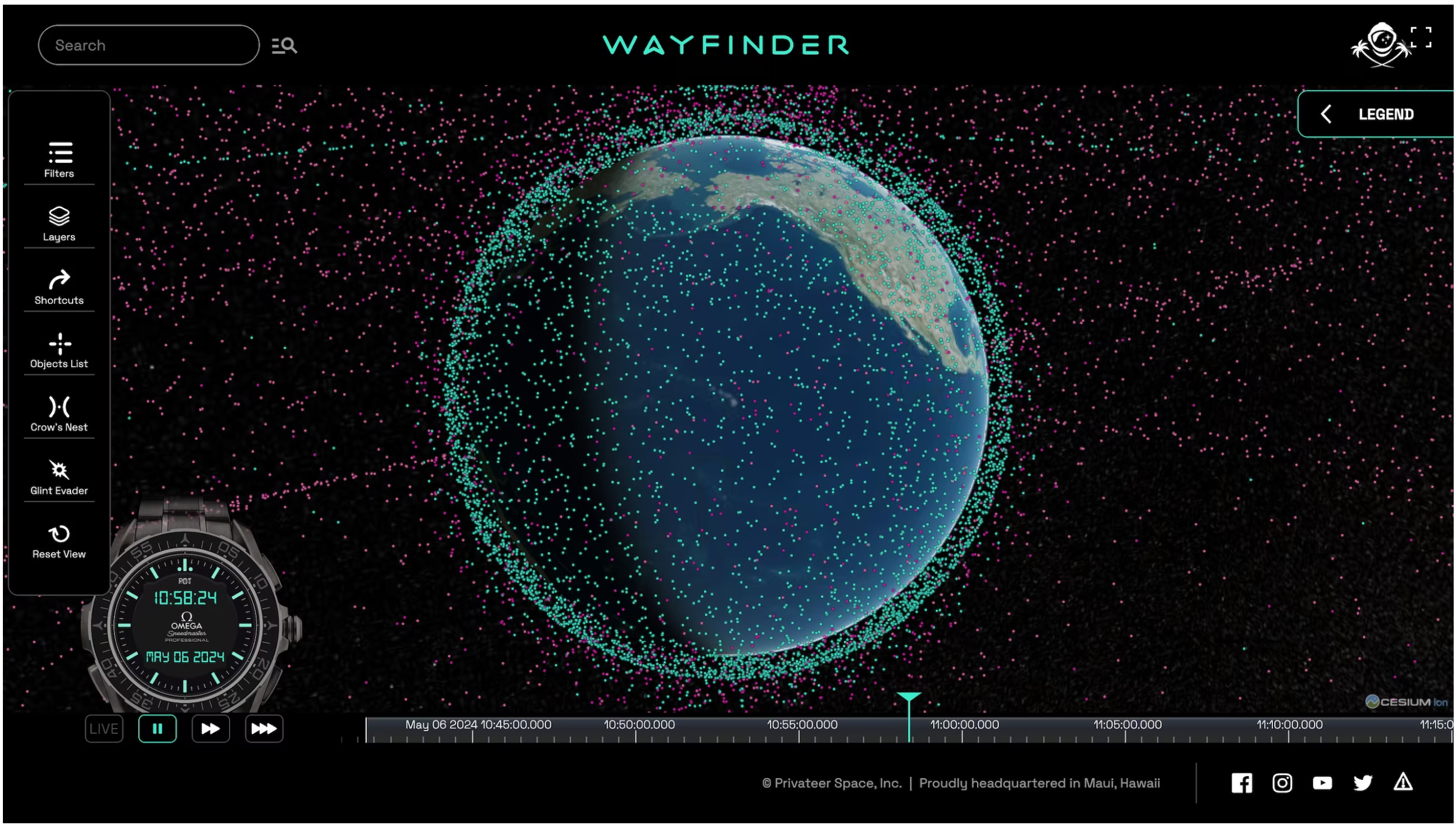 Human-made objects in Earth's orbit as of 6 May, 2024. Data intelligence company Privateer's Wayfinder software visualizes human-made objects in space from a broad source range and makes it available to the public.