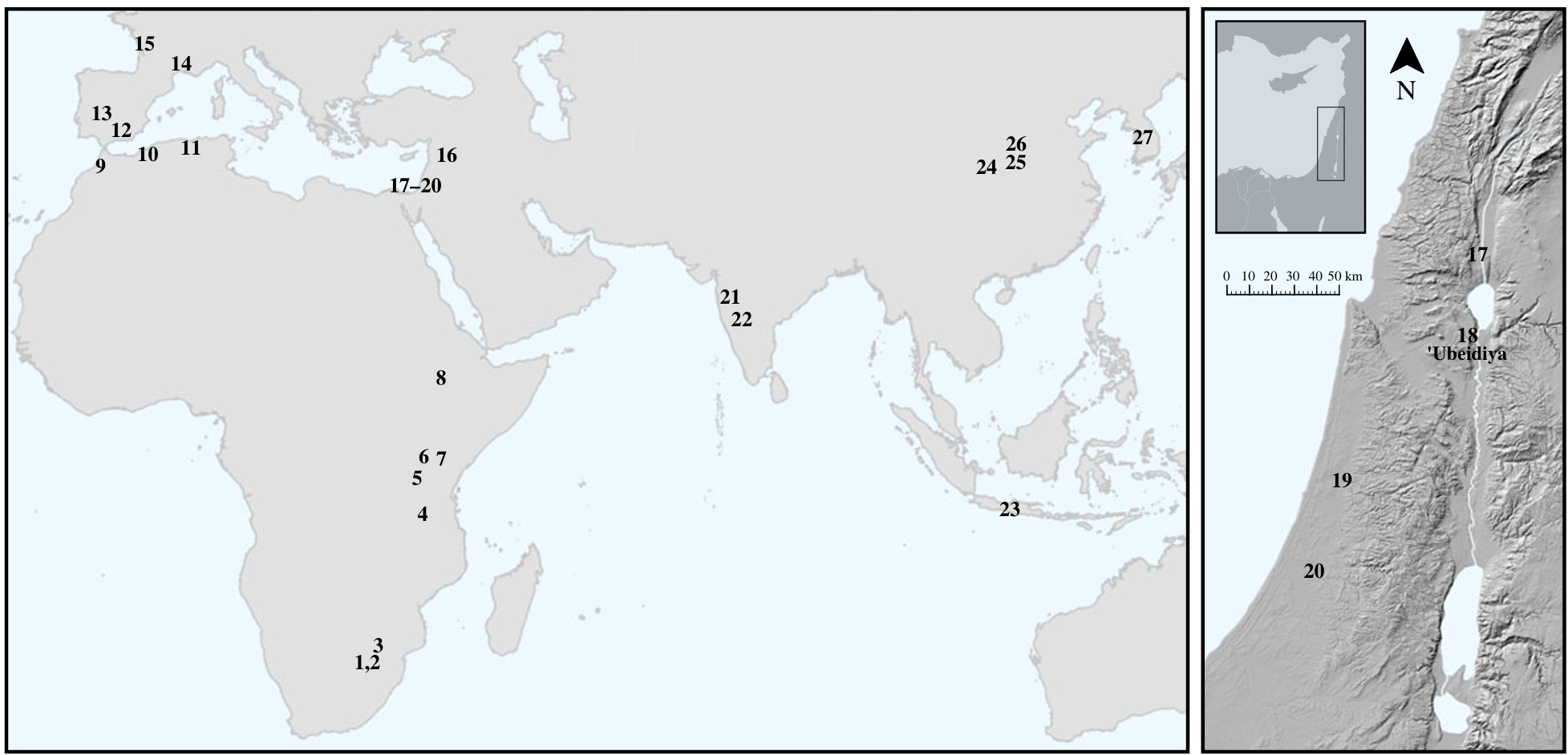 Left: A map of select sites where stone balls (including spheroids) are documented. Right: A map of sites with stone balls in the southern Levant, including the location of ‘Ubeidiya.