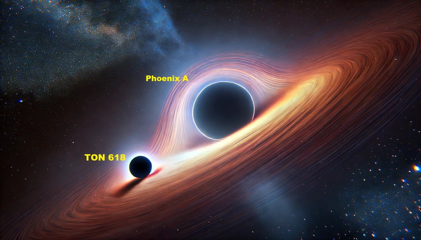 Visual size comparison between Phoenix A and TON-618 black holes.