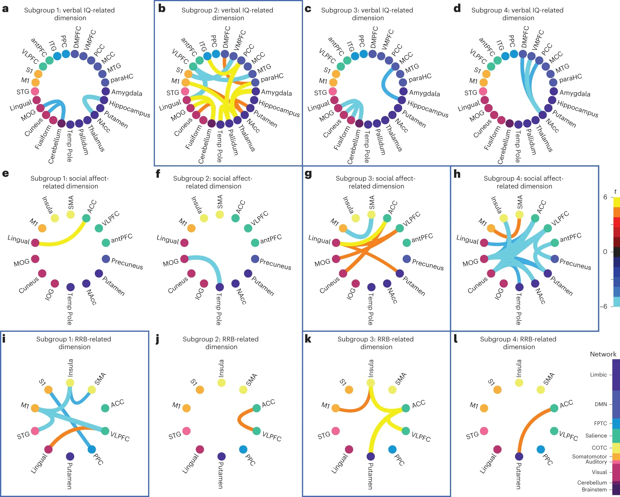 Autism spectrum disorder subgroups have distinct atypical connectivity patterns in dimension-related RSFC features.