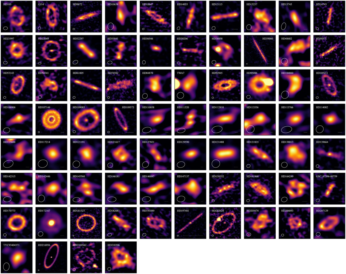 Millimetre continuum images for the REASONS resolved sample of 74 belts, ordered by source RA. North is up and east is left.