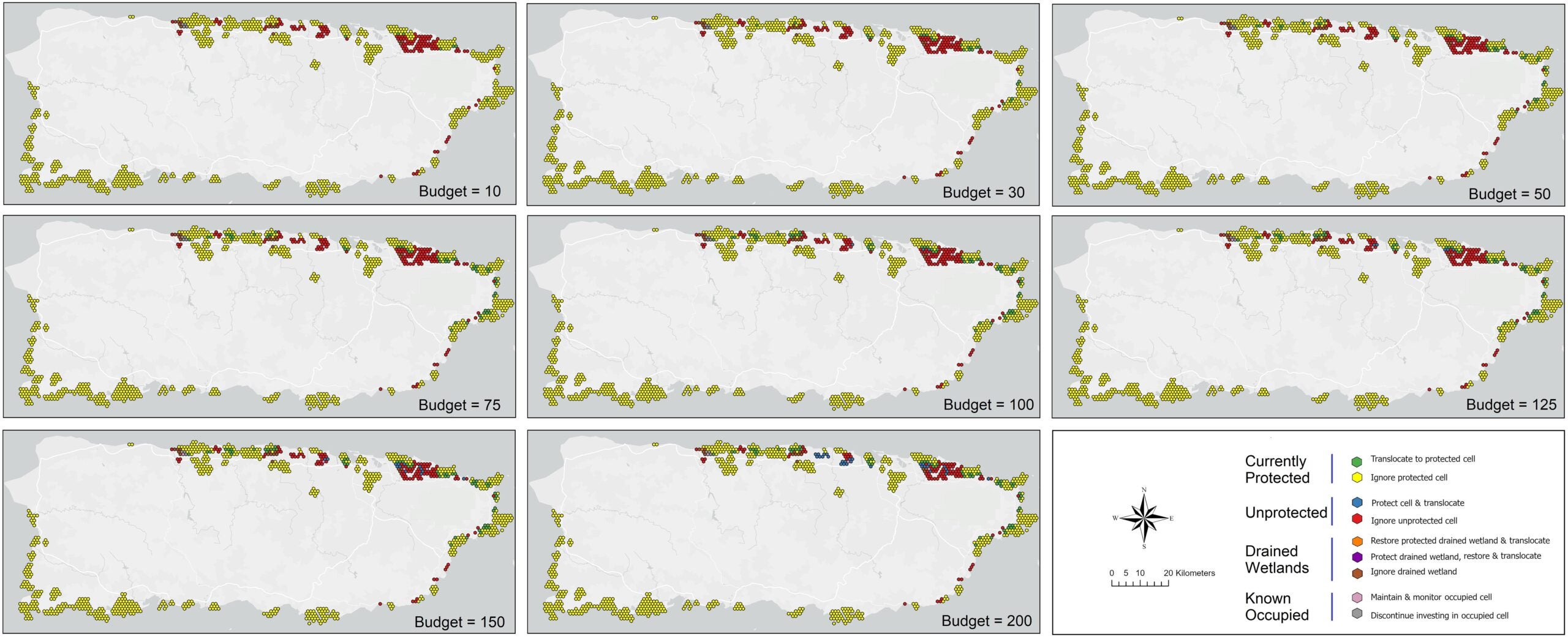 Reserve design results for coastal Puerto Rico to maximize the cumulative probability of occurrence of the plains coqui (E. juanariveroi, “coqui llanero”) based on modeled habitat changes and projected species distributions over eight future scenarios.