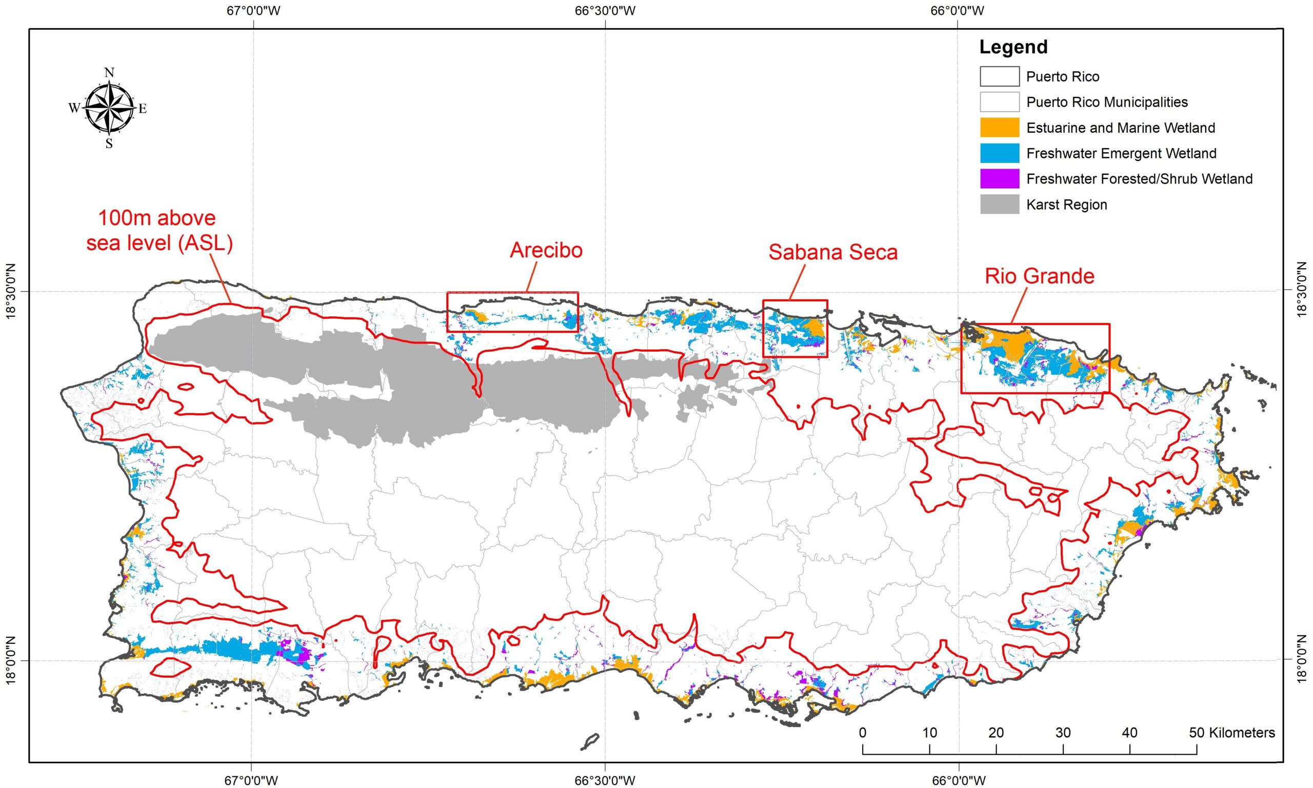 The island of Puerto Rico depicting the current distribution of coastal wetlands and the extent of the island’s karst geology. Outlined in red are the arbitrary boundaries representing the three currently known populations of the plains coqui (E. juanariveroi, “coqui llanero”).