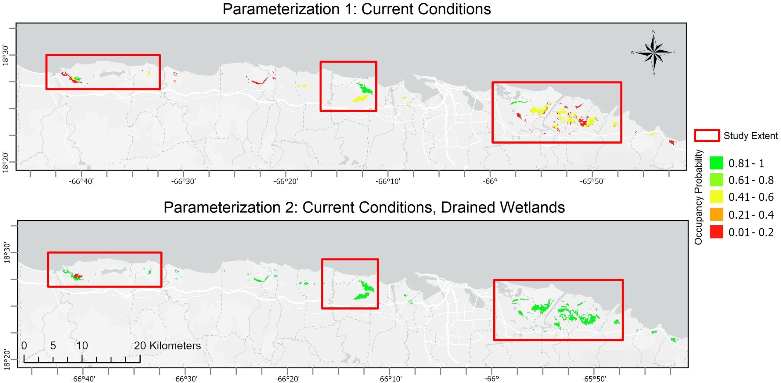 Modeled distributions of the plains coqui (E. juanariveroi, “coqui llanero”) across Puerto Rico’s north coast as a function of current select environmental conditions and under two model parameterizations.