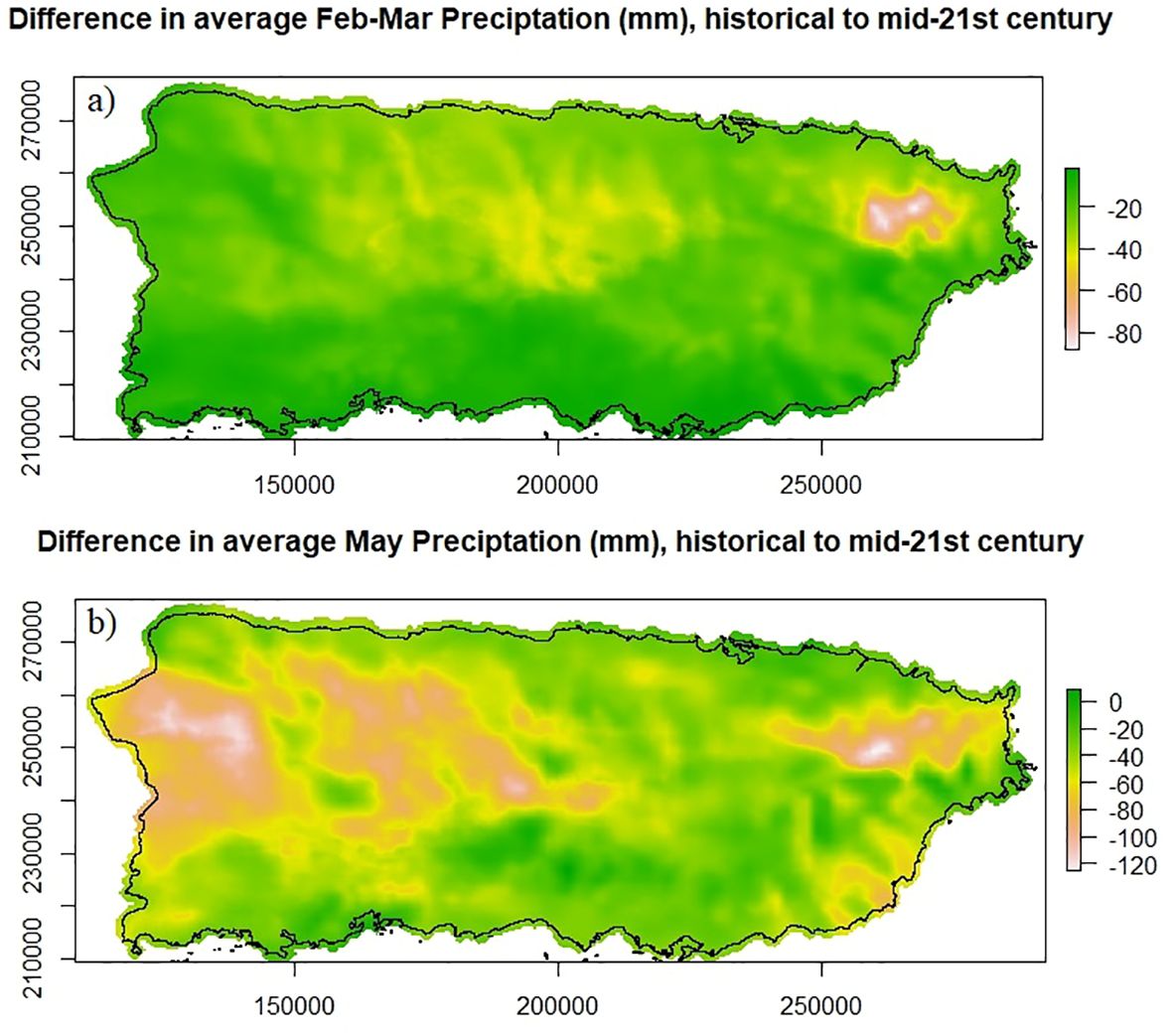 Projected declines in precipitation across Puerto Rico for (A) the dry season (Feb-Mar) and (B) the month of highest precipitation (May).