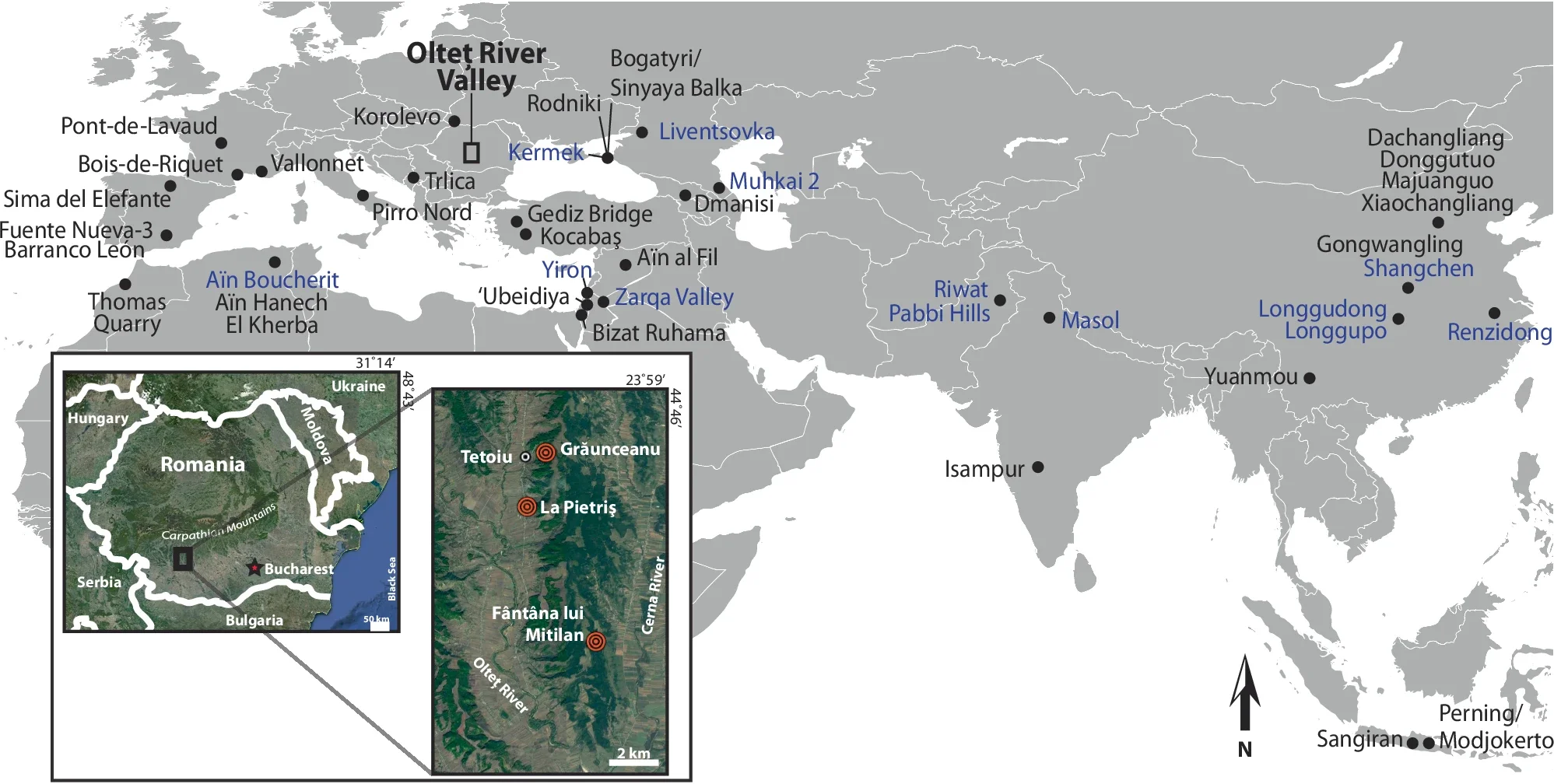 Map of fossil localities showing evidence of hominins (either hominin fossils, lithics, or cut-marked bones) in northern Africa and Eurasia prior to 1.0 Ma.