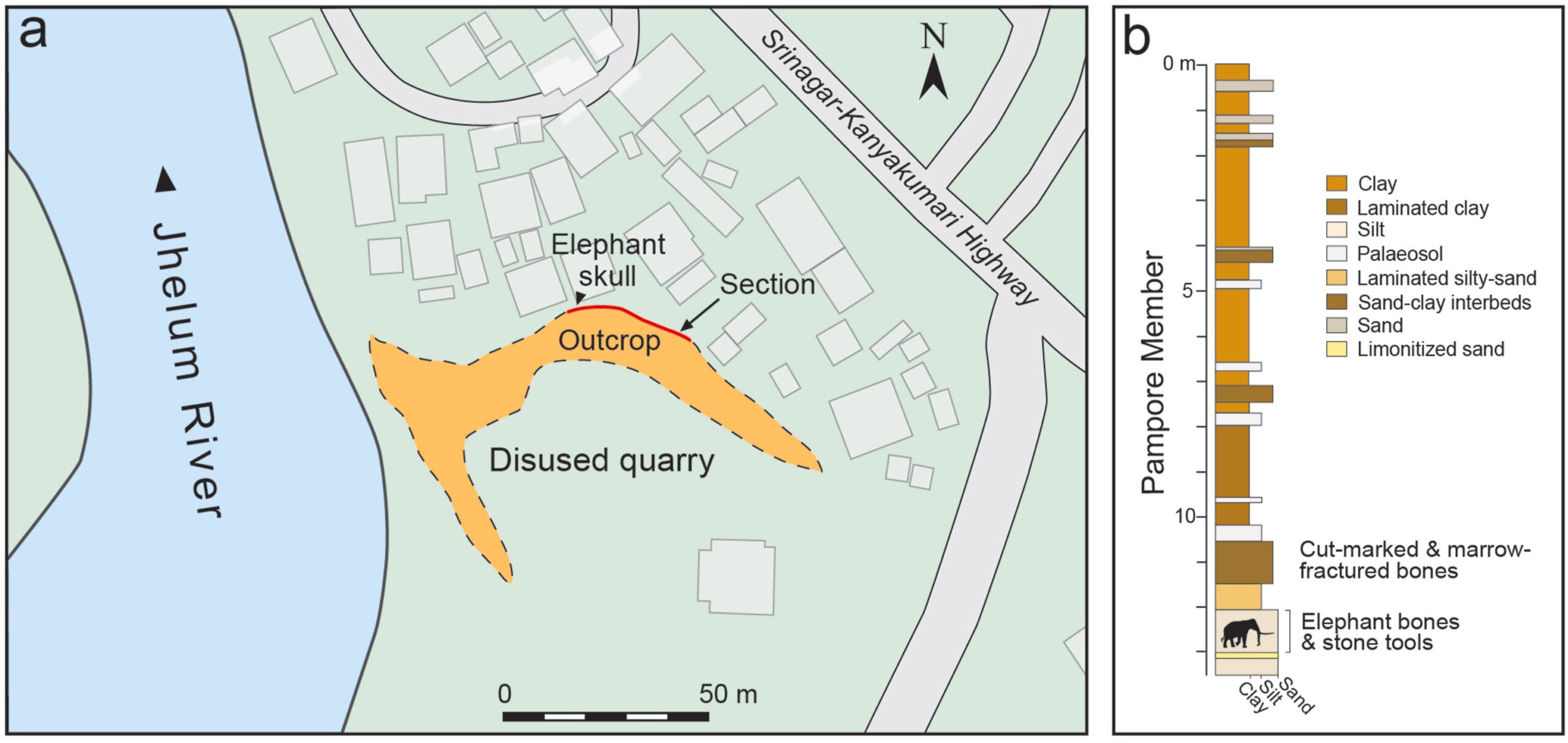 Geological map of the Kashmir Valley (a) and the area around Pampore (b). The elephant site is marked with a star and was found within the Pampore Member.