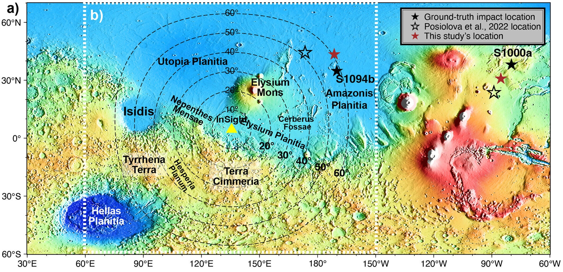 Topography with location names marked. (b) Marsquake locations from InSight Marsquake Service (2023) are in blue stars, and this study's locations are in red stars. (c)–(e) Enlarged view of marsquake locations for clarity. 