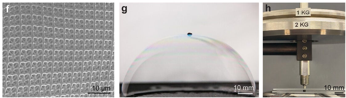 FESEM image of the nanolattice geometry after pyrolysis. g) Macroscopic nanolattice resting on a bubble, and h) supporting more than one million times its weight, showcasing lightweight and high strength scalability.