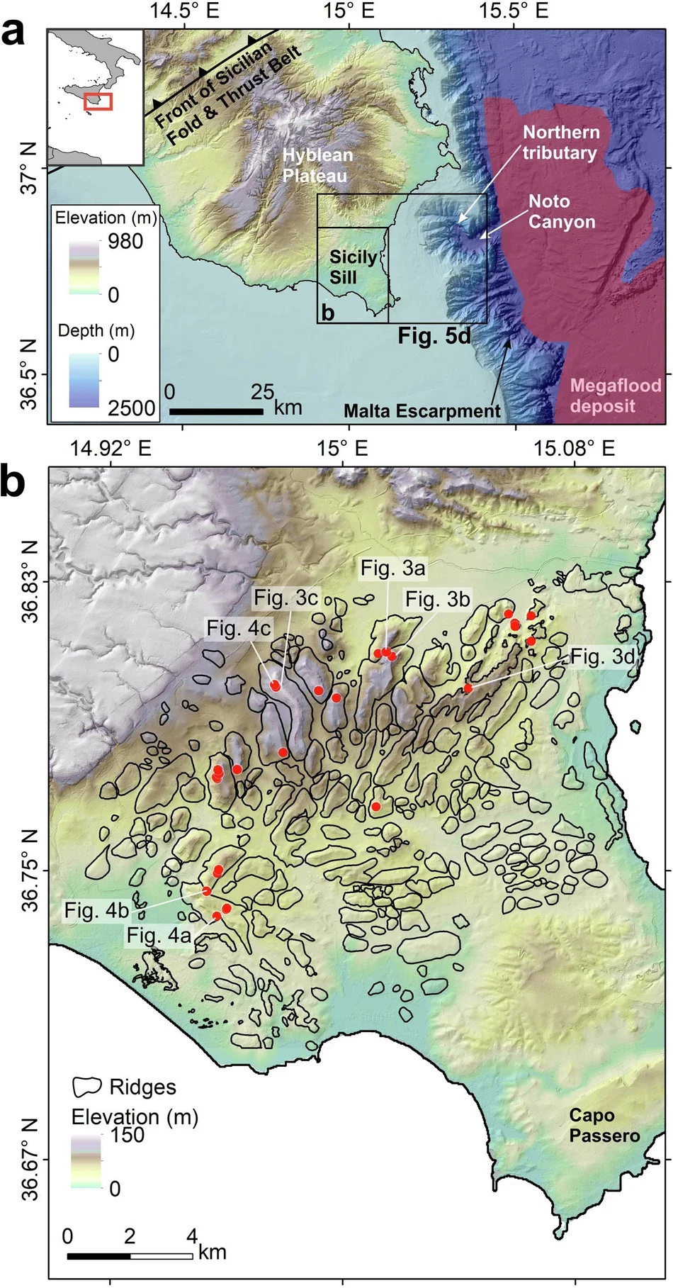 Location map and digital elevation model of SE Sicily and adjacent seafloor (sources: SITR, EMODnet). The front of the Sicilian Fold and Thrust Belt, the Malta Escarpment, Noto Canyon, and the inferred buried megaflood deposit are labelled. b Digital elevation model of the Sicily Sill with outlines of the bases of the ridges. Sampled sites are denoted by red dots.