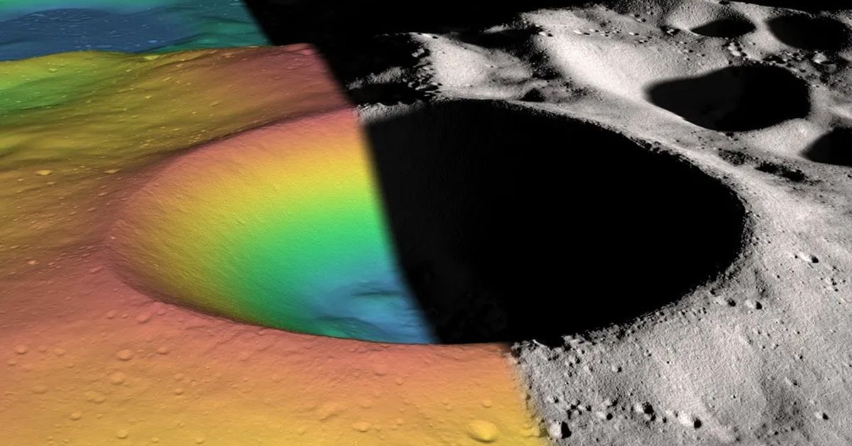 Image of Shackleton Crater, a permanently shadowed region near the lunar south pole, shows slevation (left) and shaded relief (right). Scientists believe there may be stores of water ice in the crater. 