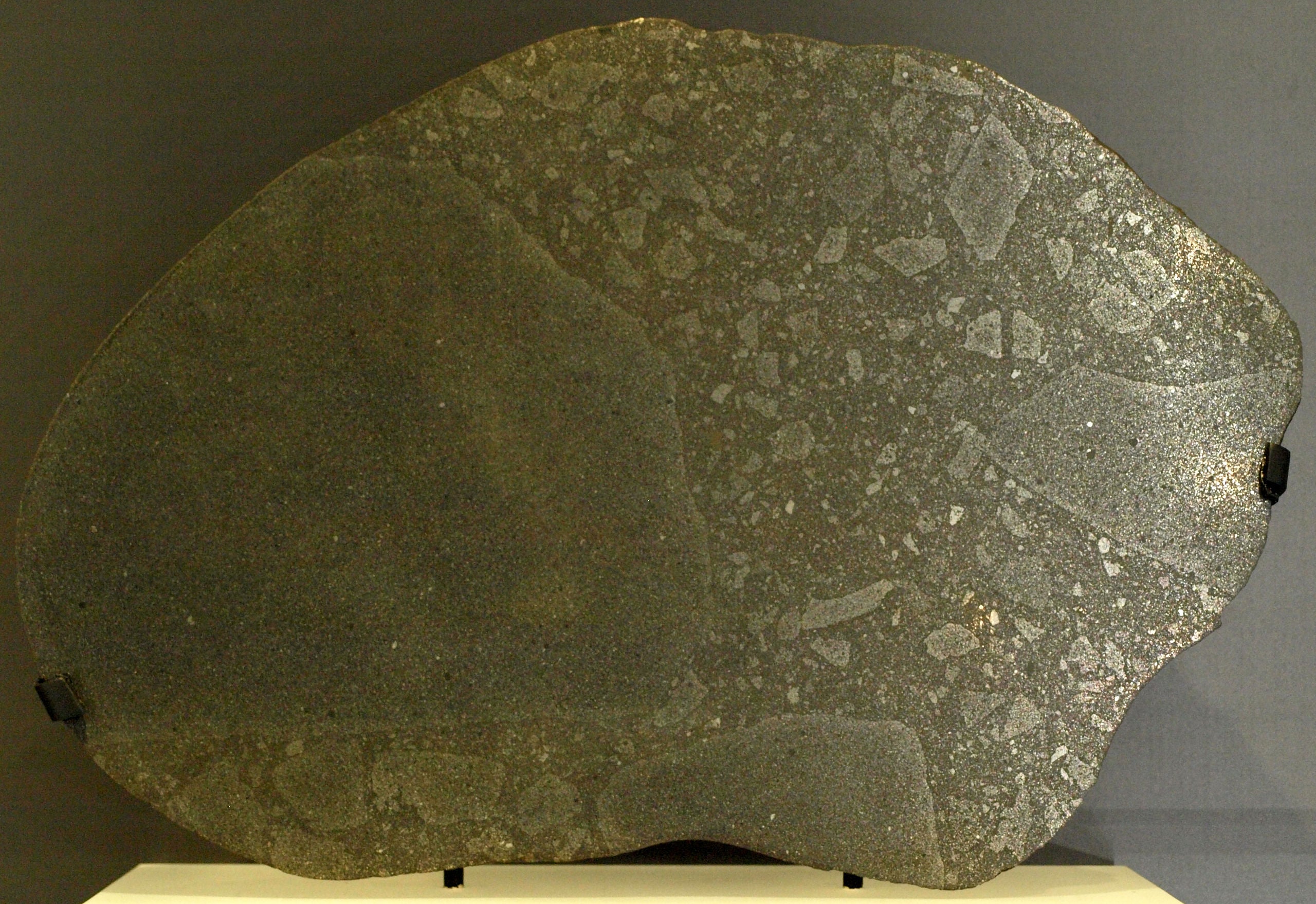 An example of an E-type Chondrite (from the Abee fall) on display in the Vale Inco Limited Gallery of Minerals at the Royal Ontario Museum.