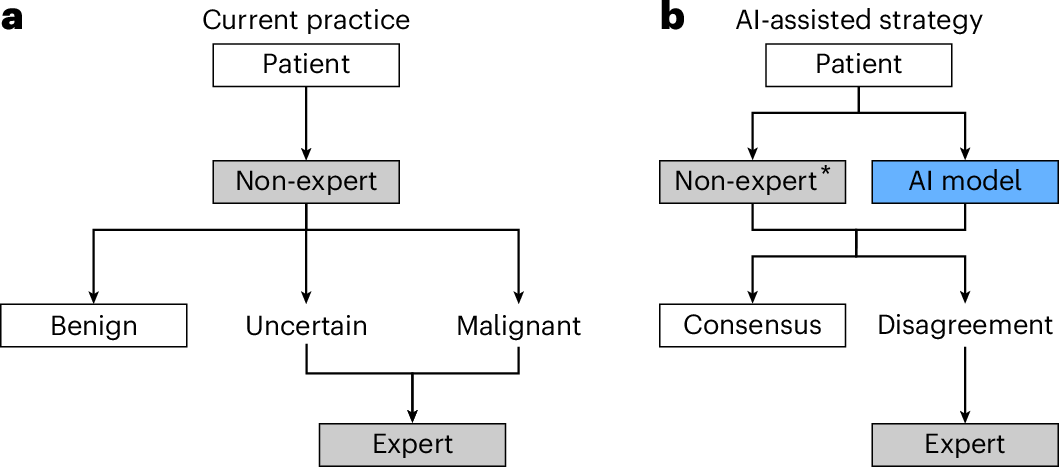 Current practice and proposed AI-assisted strategy for triage workflow.
