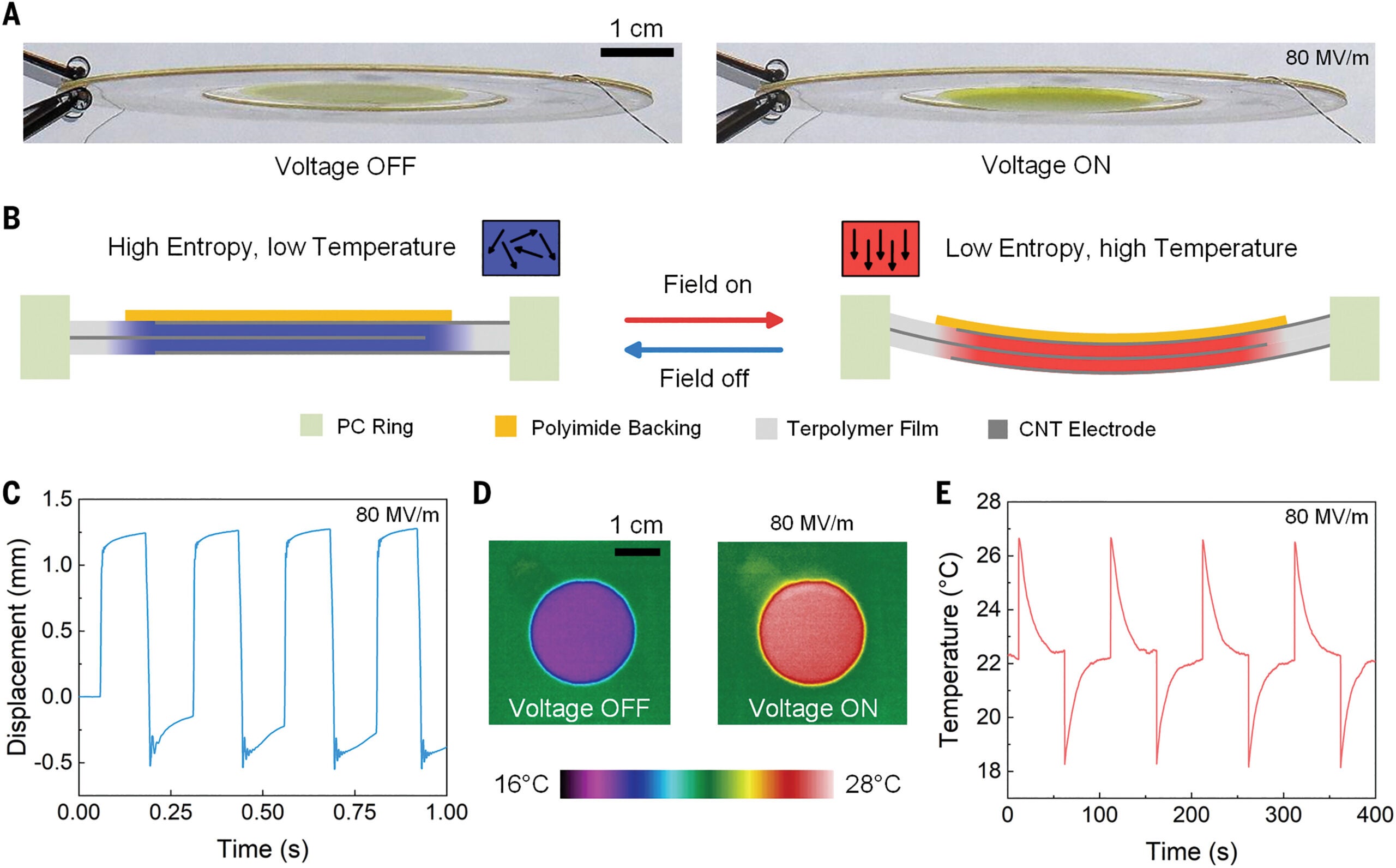 Working mechanisms of a unit device incorporating the EC effect and electrostriction.
