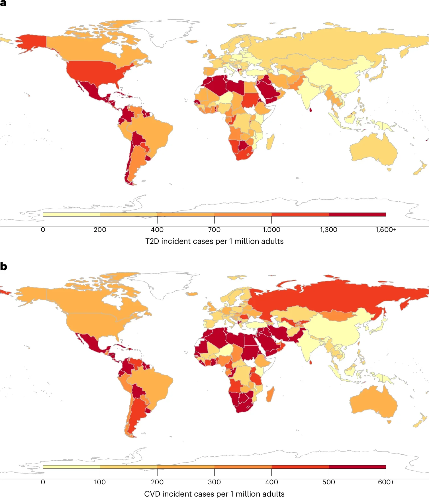 Incidence of T2D and CVD per 1 million adults attributable to SSB intake among adults (20+ years) in 184 countries in 2020.
