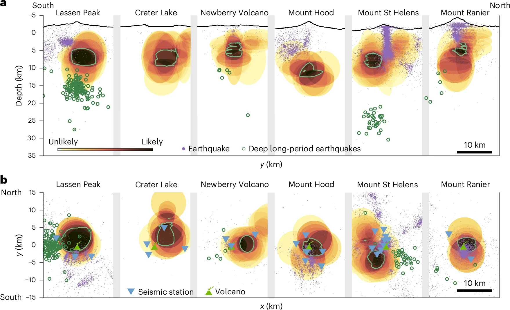 Possibilities of partial melts beneath each volcano.