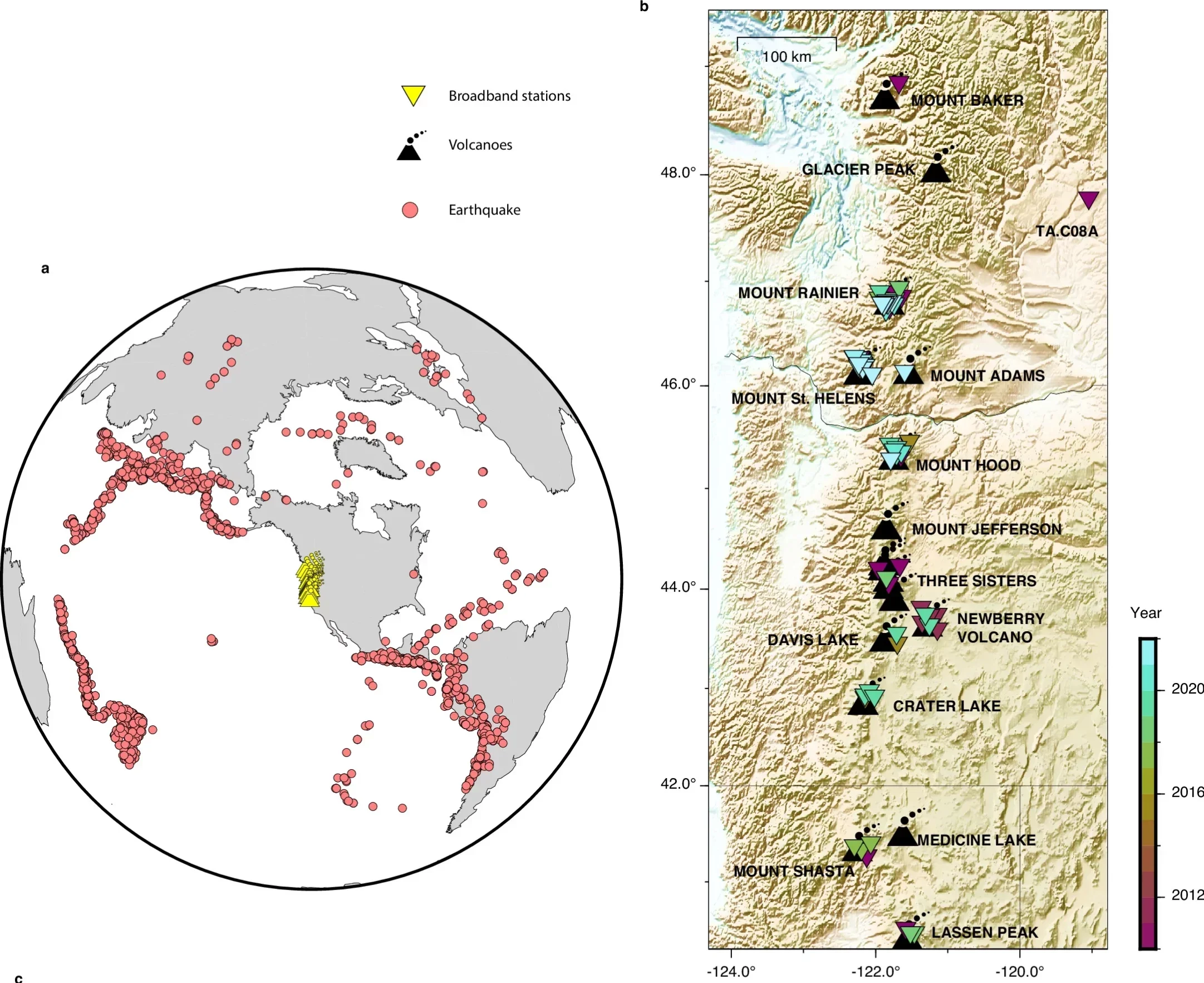 Earthquake distribution and receiver functions from a station away from the Cascade Range volcanoes.
