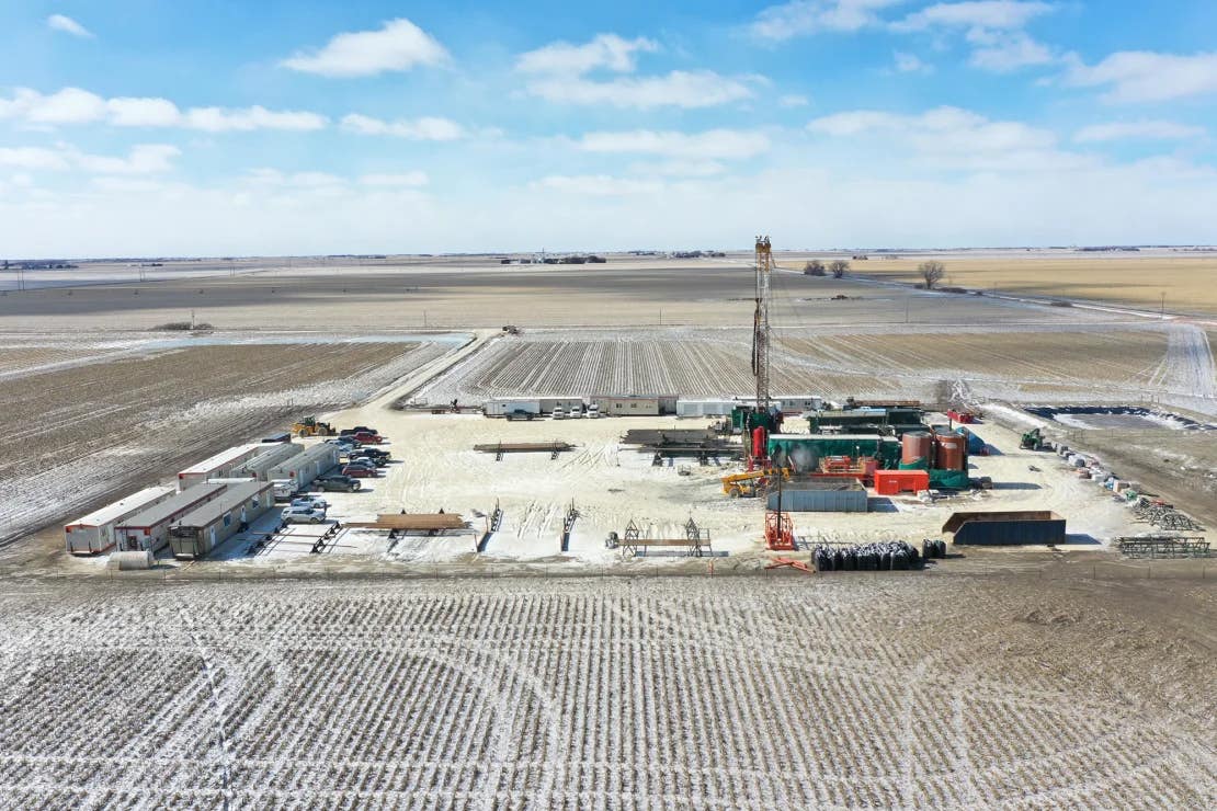 Aerial view of drilling operations by Natural Hydrogen Energy in Kansas.