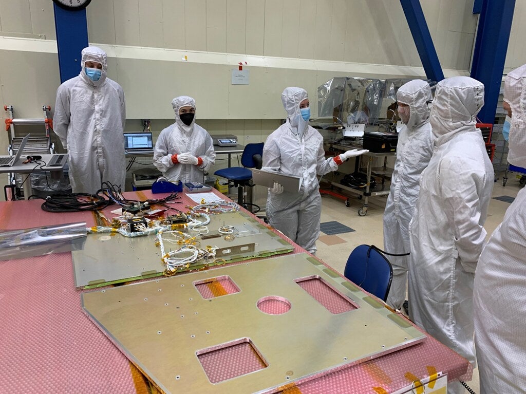 Seen here at the company’s Littleton, Colorado, facility, Lockheed Martin engineers begin Assembly, Test and Launch Operations (ATLO) on NASA’s Lunar Trailblazer spacecraft, with an initial power-on. Lunar Trailblazer is a NASA Small Innovative Missions for Planetary Exploration (SIMPLEx) mission to map water deposits on the Moon.