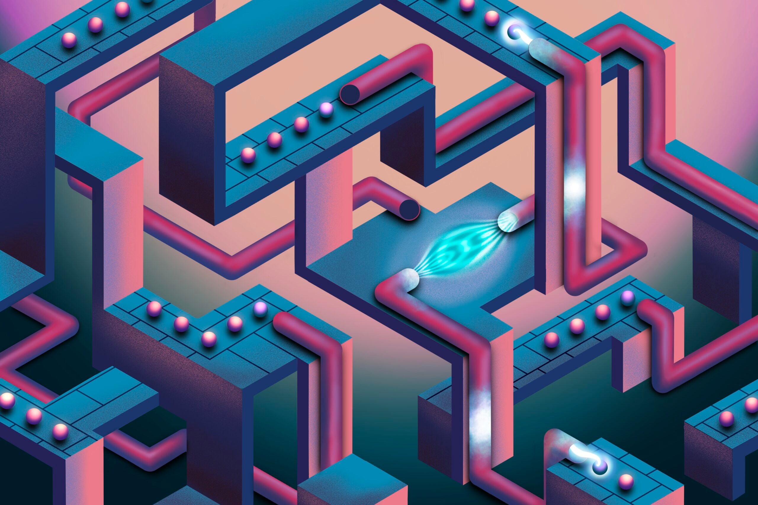 Illustration - quantum computing. They connected two separate quantum modules using photonic links—fiber-optic cables that transmit quantum information using light instead of electrical signals.