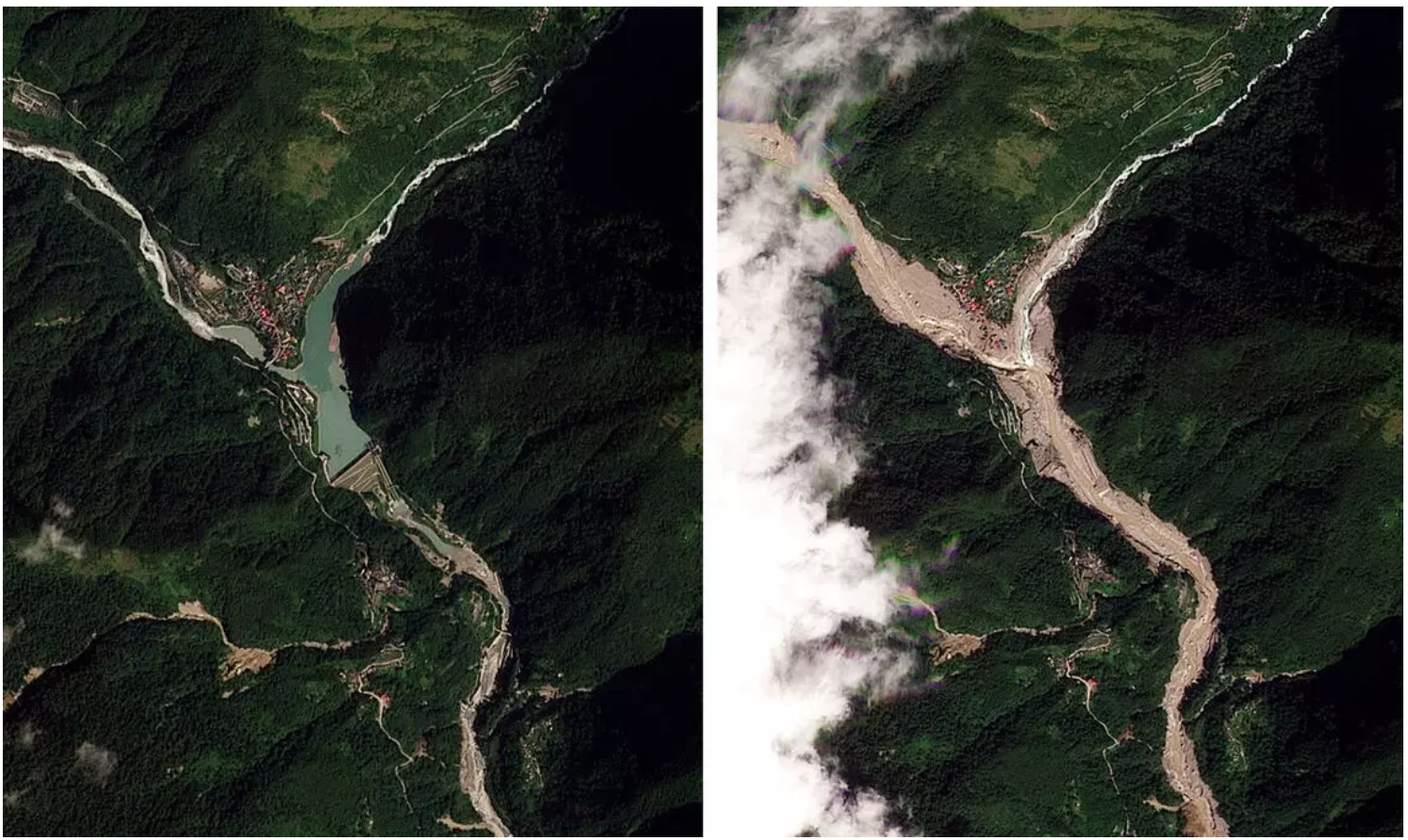 Before and after: Images of the Teesta III hydropower reservoir that was destroyed.