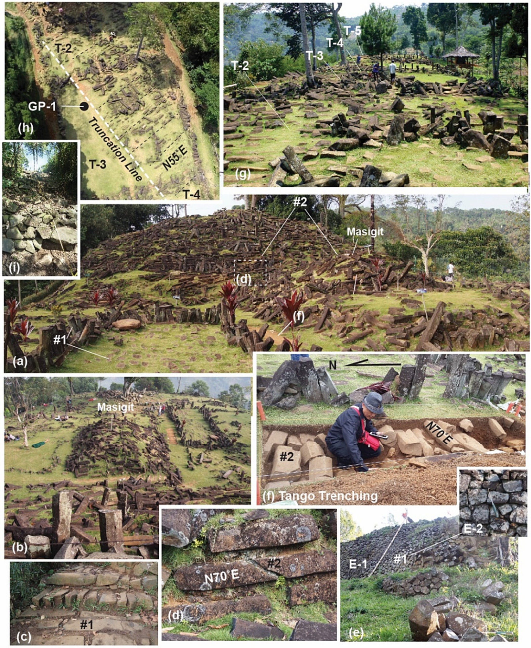 Surface exposures of megalithic stones illustrating two units of construction, Unit 1 (#1) and Unit 2 (#2).