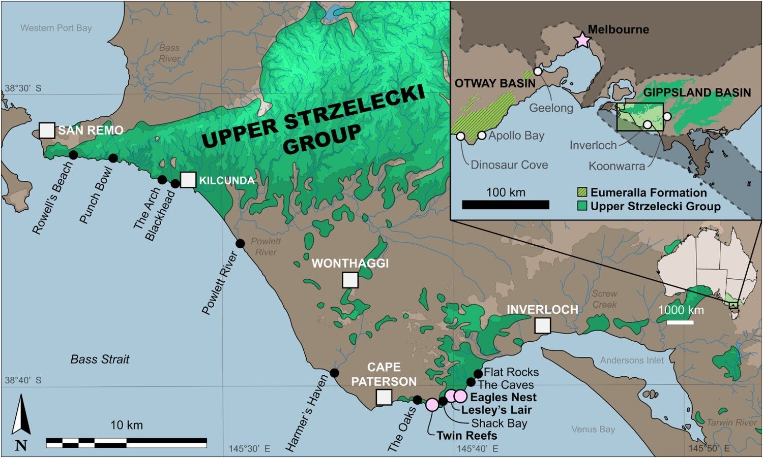 Map of the Bass Coast, Victoria, Australia, showing the location of the Eagles Nest, Lesley’s Lair, and Twin Reefs localities 