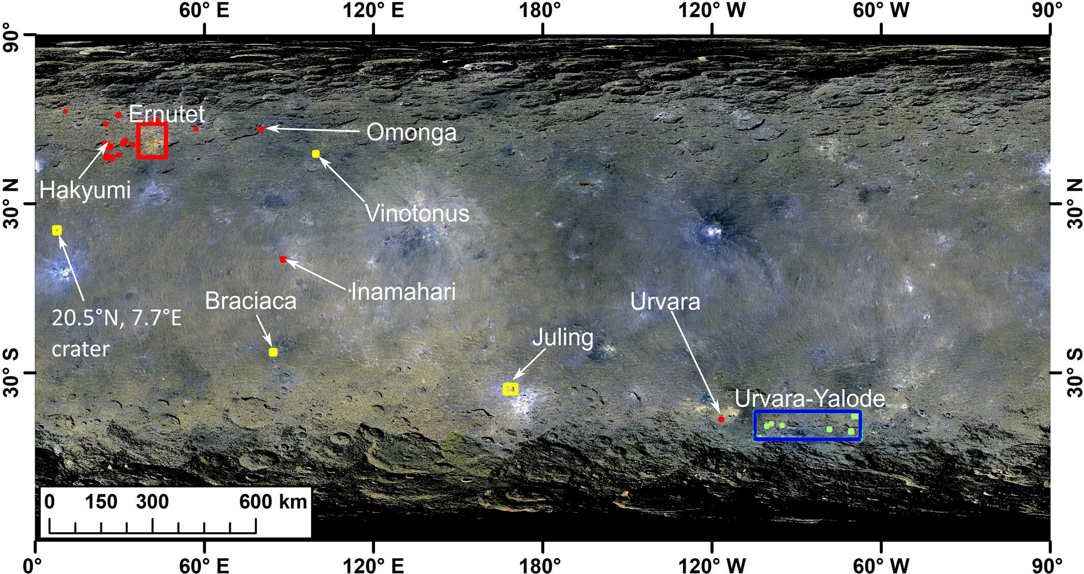 Spectrally red-sloped sites on Ceres identified by the deep neural network.