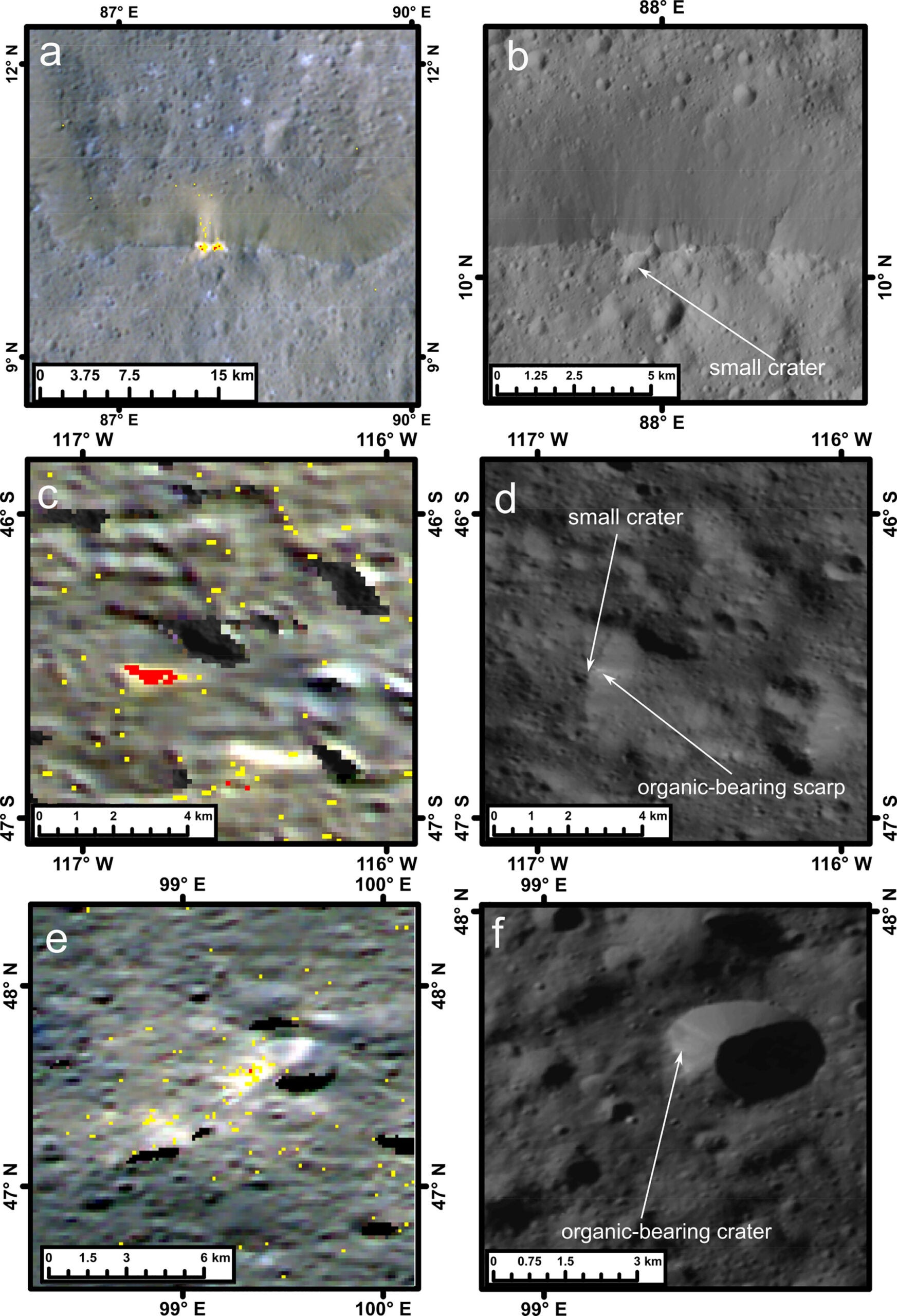 Geologic context of the organic-rich sites at Inamahari (a, b), Urvara (c, d), and Vinotonus (e, g). (a, c, and e) are High Altitude Mapping Orbit color mosaics (R-965 nm; G-749 nm; B-438 nm).