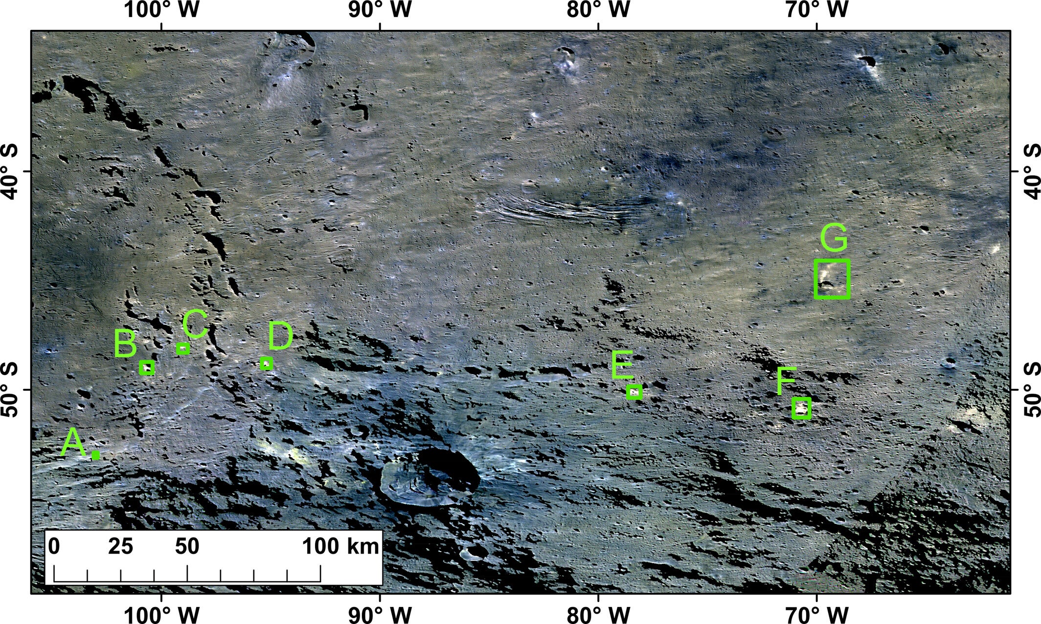 Geologic context of the seven red-sloped sites in the Urvara-Yalode region. Background image is a High Altitude Mapping Orbit color (R-0.965 μm; G-0.749 μm; B-0.438 μm) mosaic