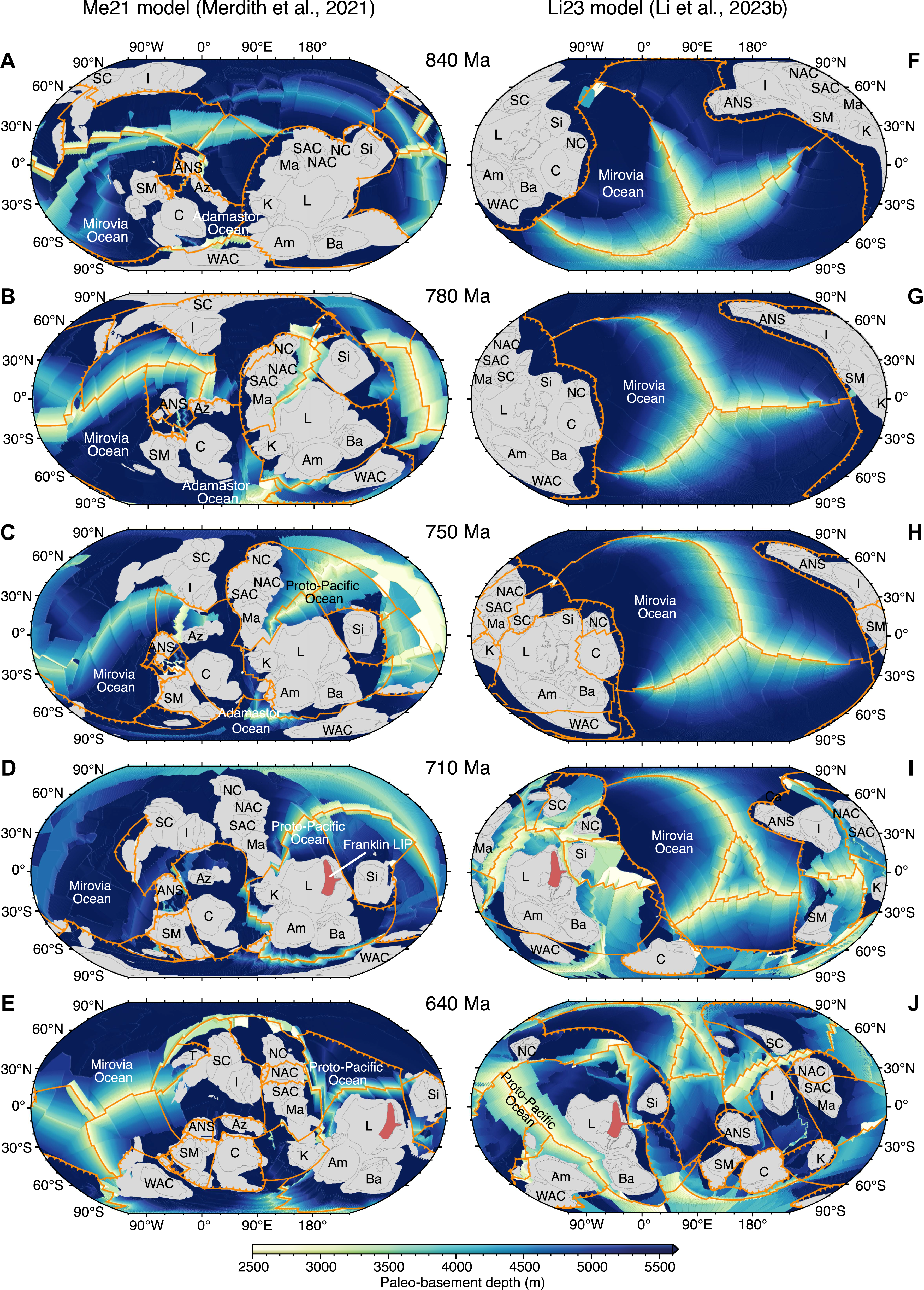Rodinia reconstructions using the plate motion models Me21 (Merdith et al., 2021) (A–E) and Li23 (Li et al., 2023b) (F–J) overlying basement depth