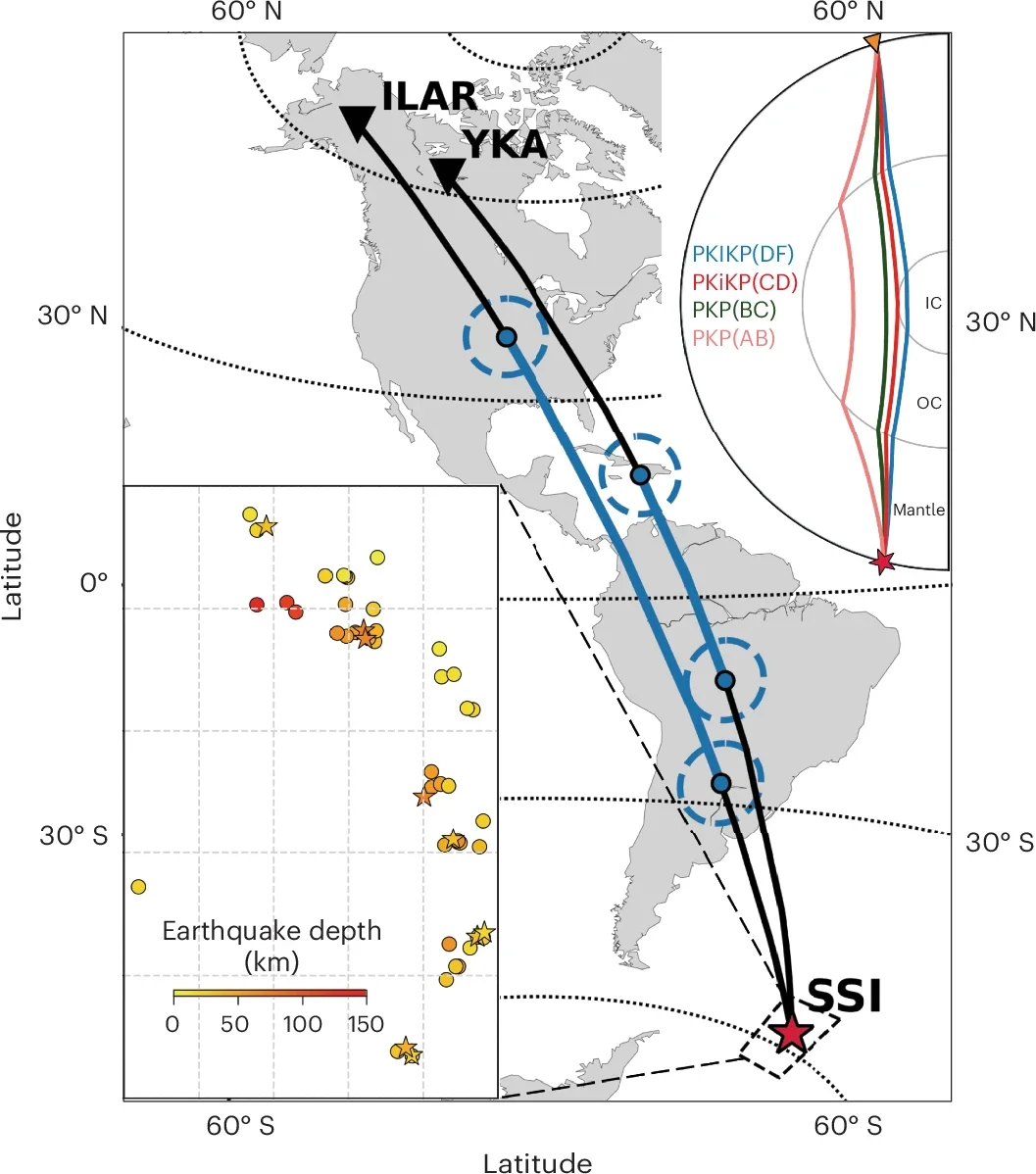 Experimental geometry. Map with the ray paths of PKP from the SSI source region to the arrays ILAR and YKA.