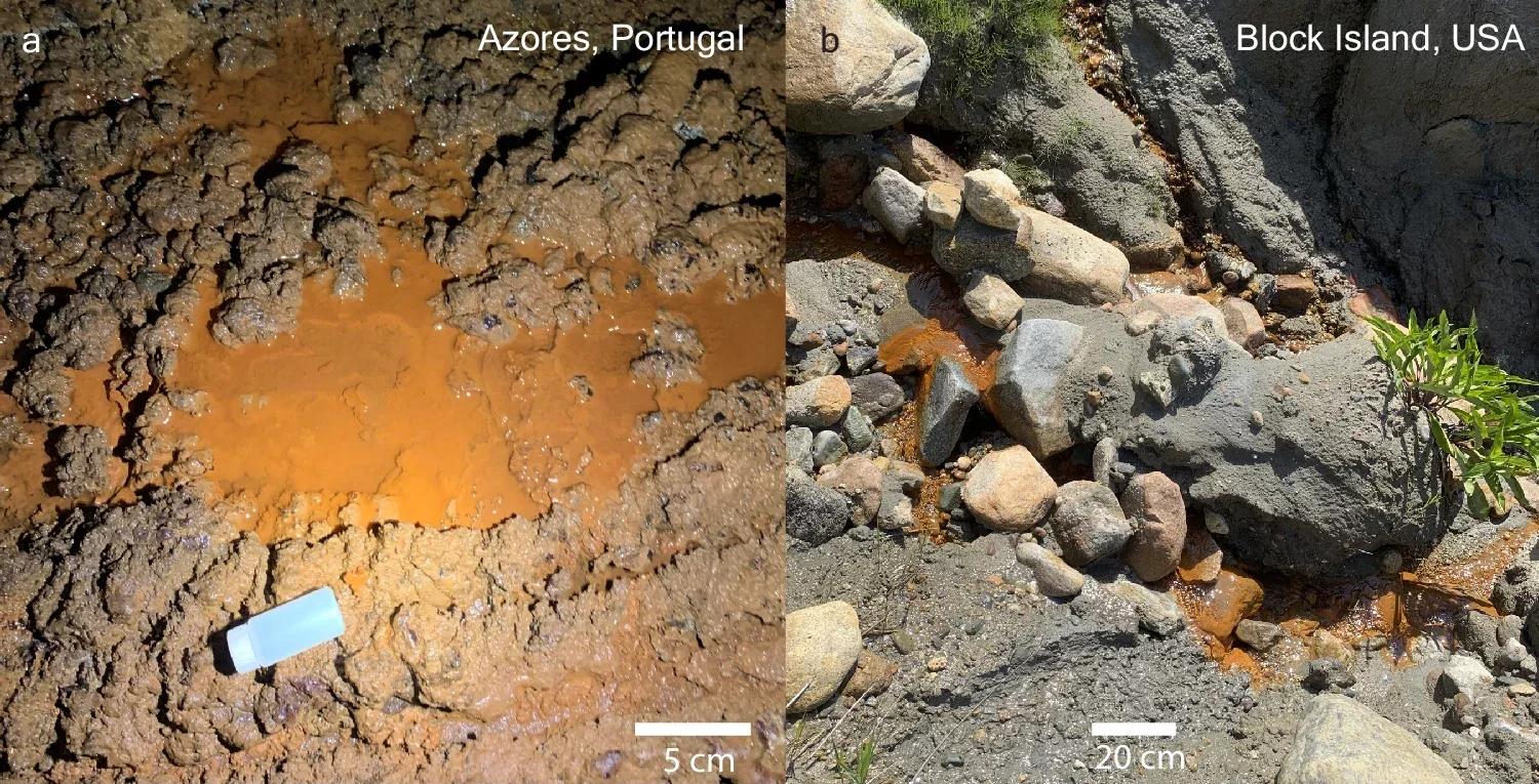 Ferrihydrite deposit on a lava cave floor in Gruta Dos Balcões, Terceira island, Azores, Portugal. Iron-rich water was percolating from the basaltic cave ceiling, forming stalactites and depositing on the ground. b Ferrihydrite precipitates in a stream in Block Island, Rhode Island, USA.