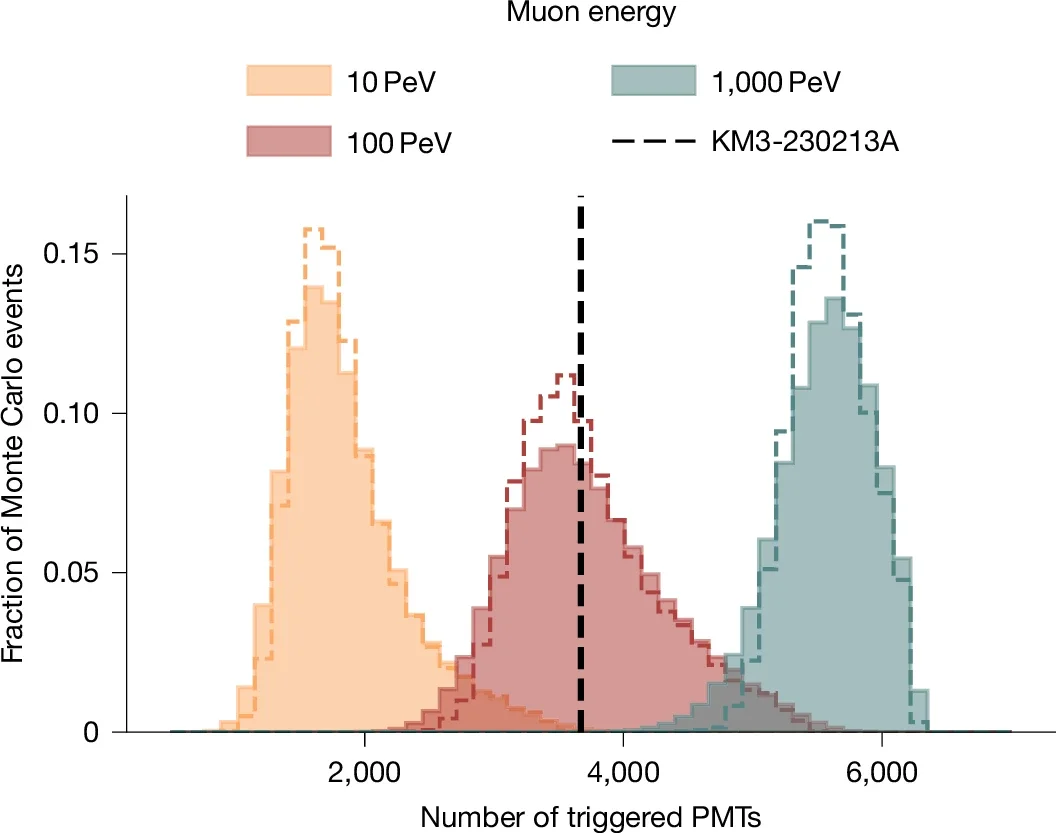 The normalized distributions of the number of PMTs participating in the triggering of the event for simulated muon energies of 10, 100 and 1,000 PeV.