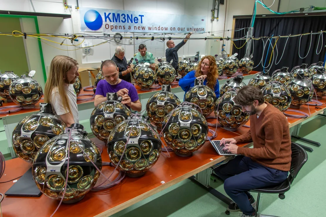 Each large detection unit is filled with 18 spherical optical modules, seen before being packaged together. 