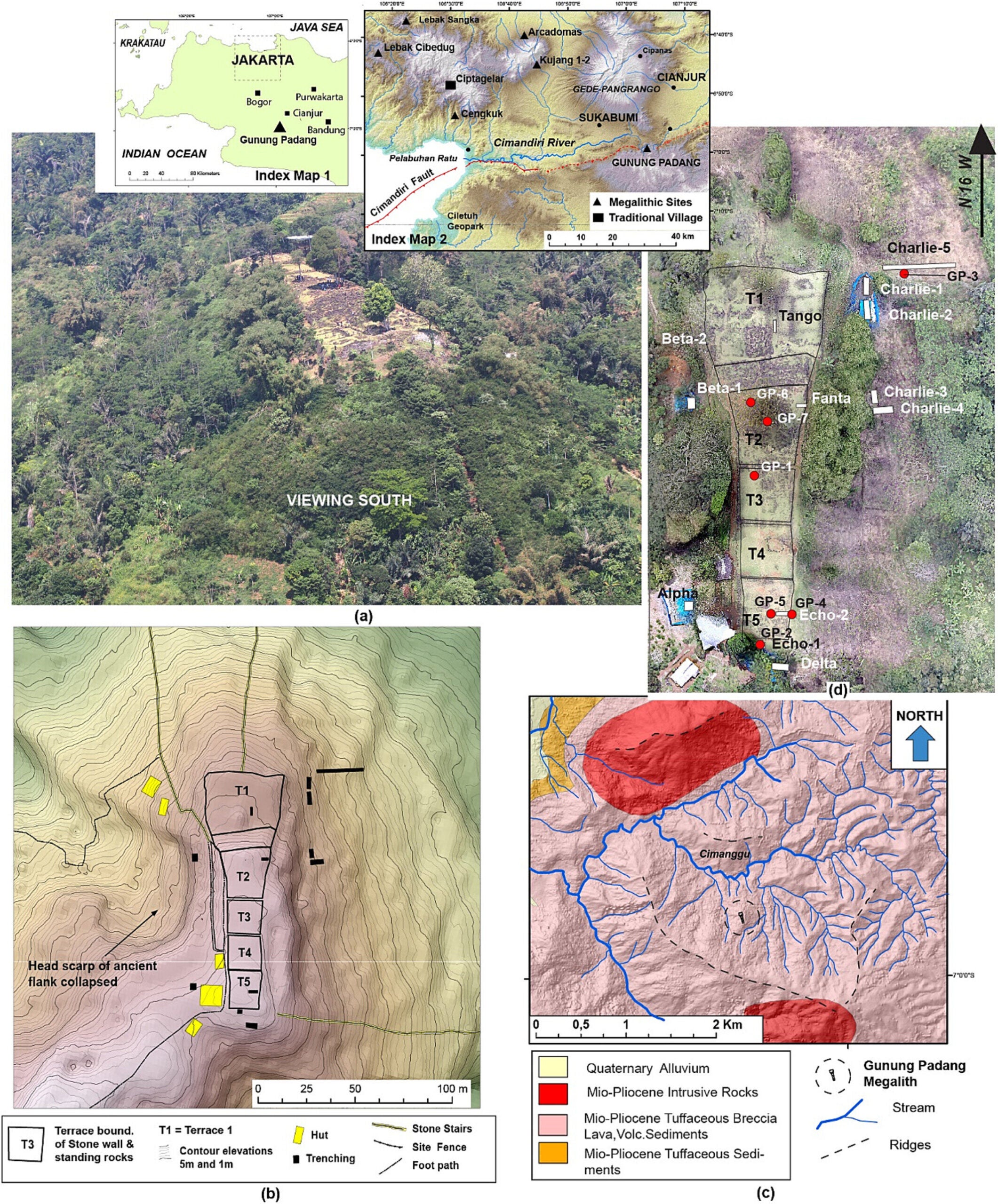 (a) Aerial view of Gunung Padang taken from a helicopter. (b) Topography and site map generated from a detailed geodetic survey. (c) Geology map of the Gunung Padang region (Sudjatmiko, 1972). (d) Orthophoto map obtained from a drone survey conducted in 2014, indicating the locations of trenching sites (white rectangles) and core-drilling sites (red dots). T1, Terrace 1; T2, Terrace 2; T3, Terrace 3; T4, Terrace 4; T5, Terrace 5. 