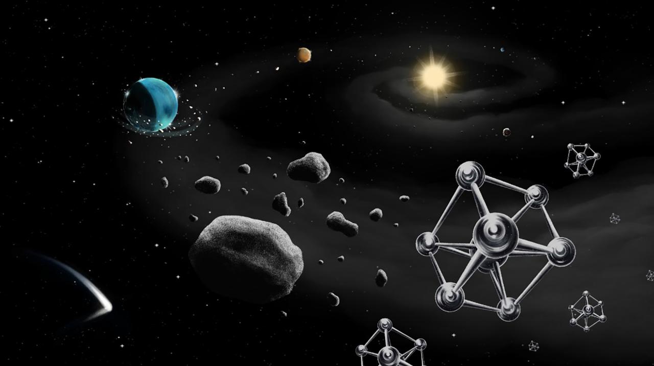 Illustration of the formation of a planet round a star similar to the Sun, with rocks and iron molecules, the basic components of planets, in the foreground.