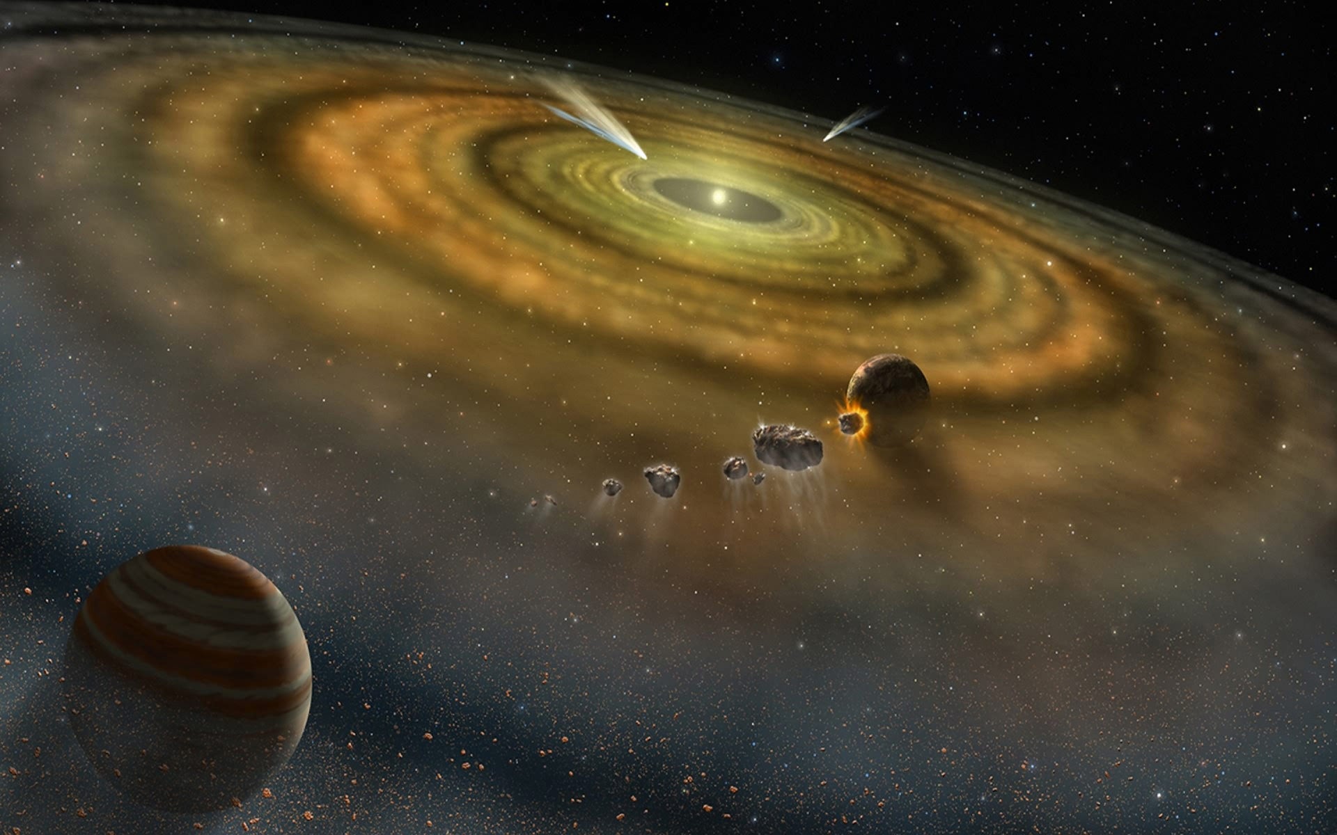 As this nebula collapsed under its own gravity, it formed a rotating disk around the nascent Sun, referred to as the protoplanetary disk.