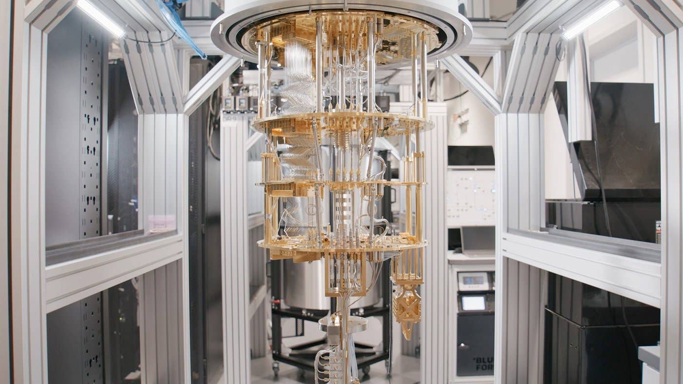 A dilution refrigerator at the AWS Center for Quantum Computing. Quantum computers require these cooling devices to maintain the quantum chips at ultra-cold temperatures.