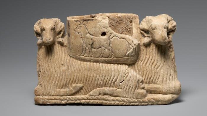Vessel supported by two rams, 2600 to 2500 BCE, object number 1989.281.3, Gift of Norbert Shcimmel Trust, 1989, open access Met Museum.