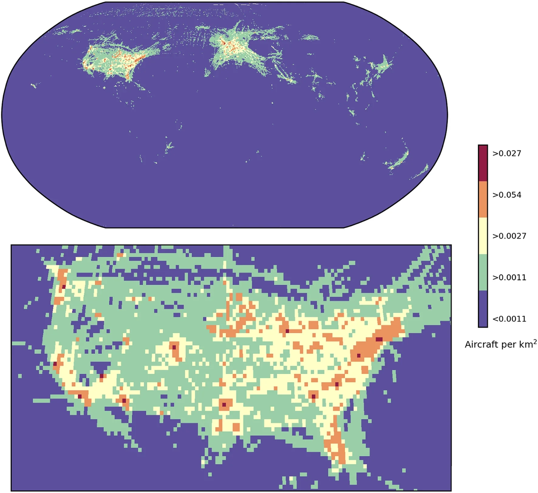 Maximum air traffic density for each grid square seen on September 1, 2023, separated by air traffic density thresholds, for the whole world and zoomed for the US.