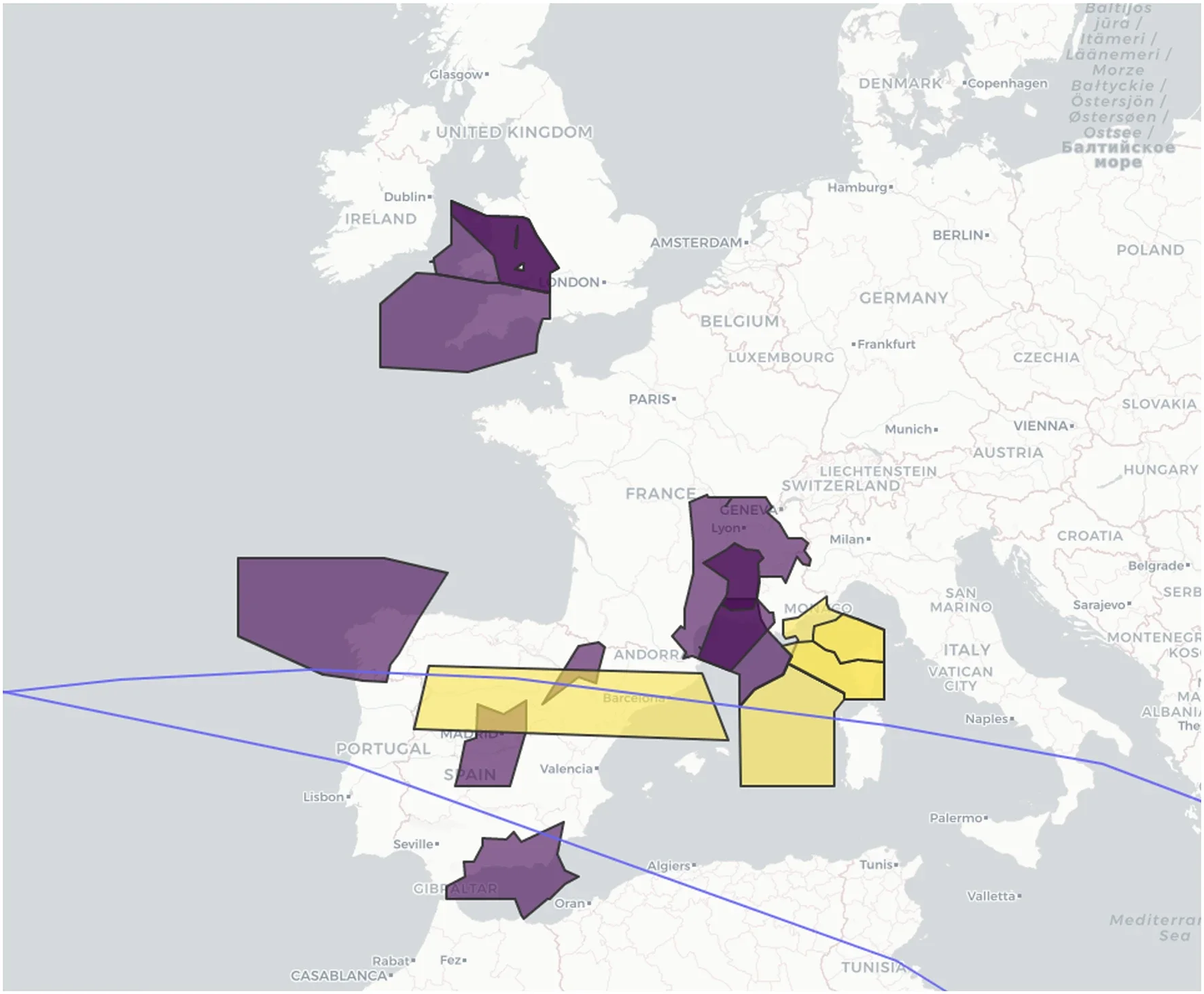 Long March 5B reentry tracks (blue line) over Europe on 4 November 2022 with zero rate (closure) NOTAMs in yellow and related non-zero rate (advisory) NOTAMs in purple.